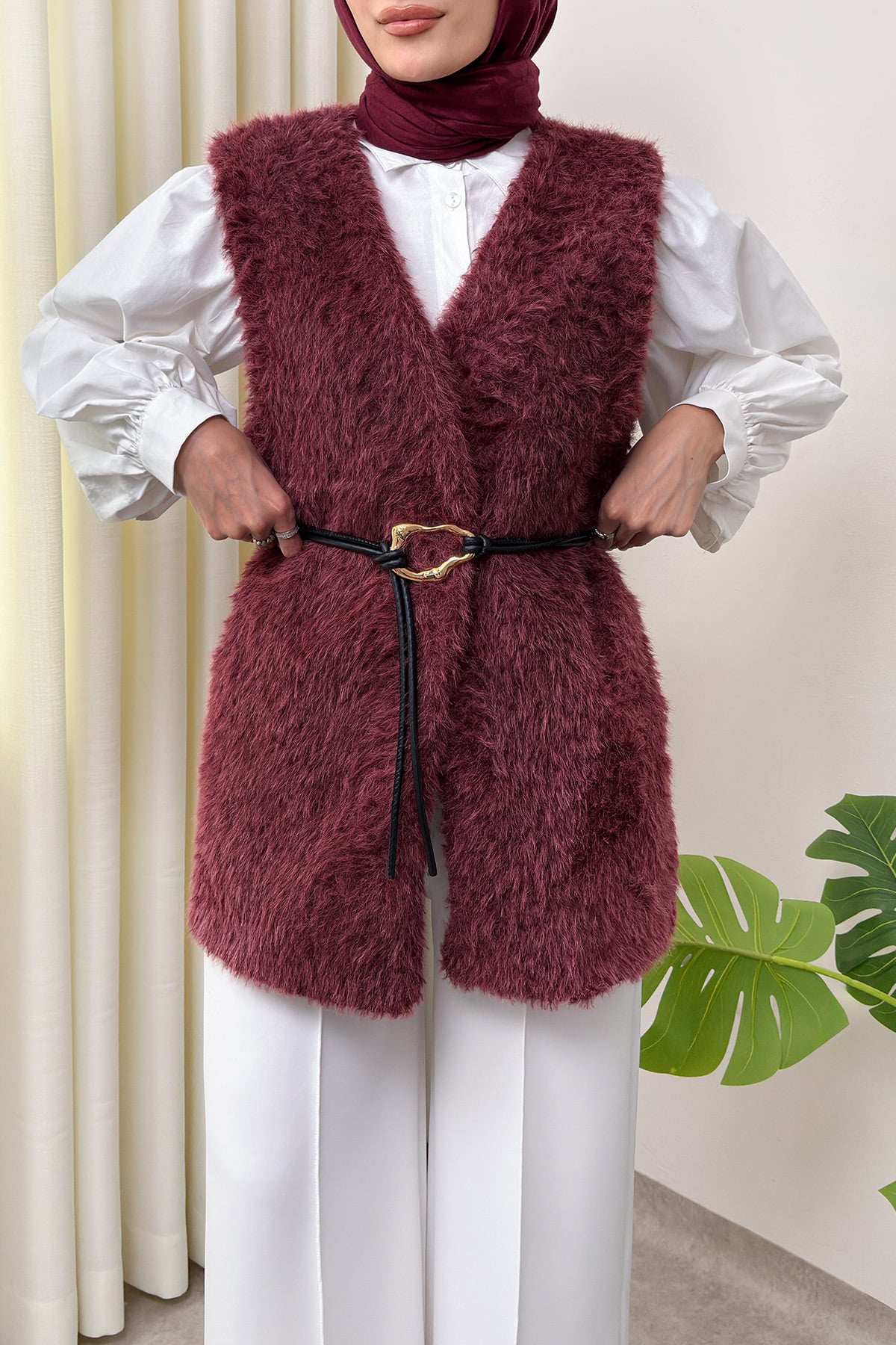 Kemerli Kürk Yelek 2910 - BORDO | zenne.com 