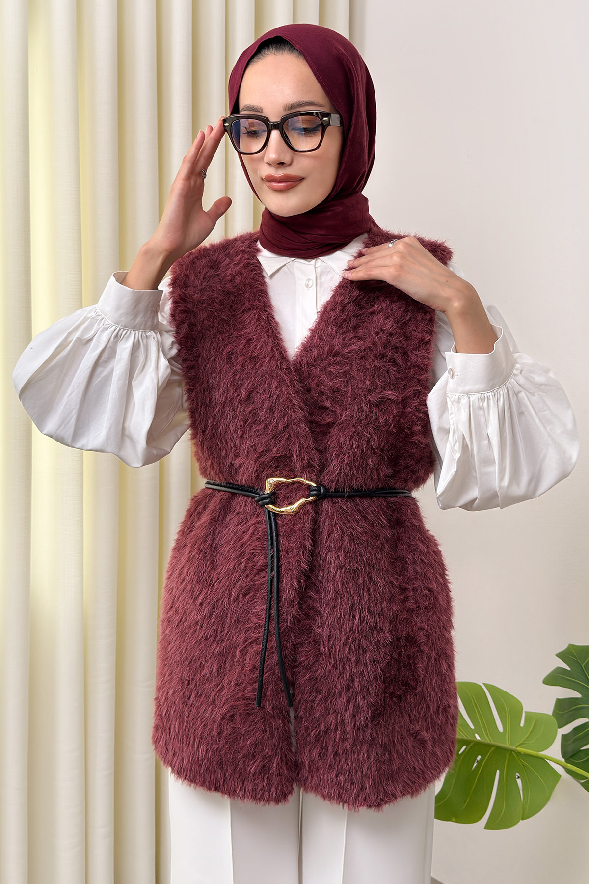 Kemerli Kürk Yelek 2910 - BORDO | zenne.com 