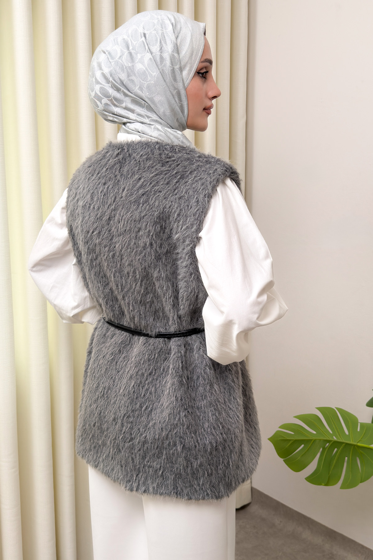 Kemerli Kürk Yelek 2910 - GRİ | zenne.com 