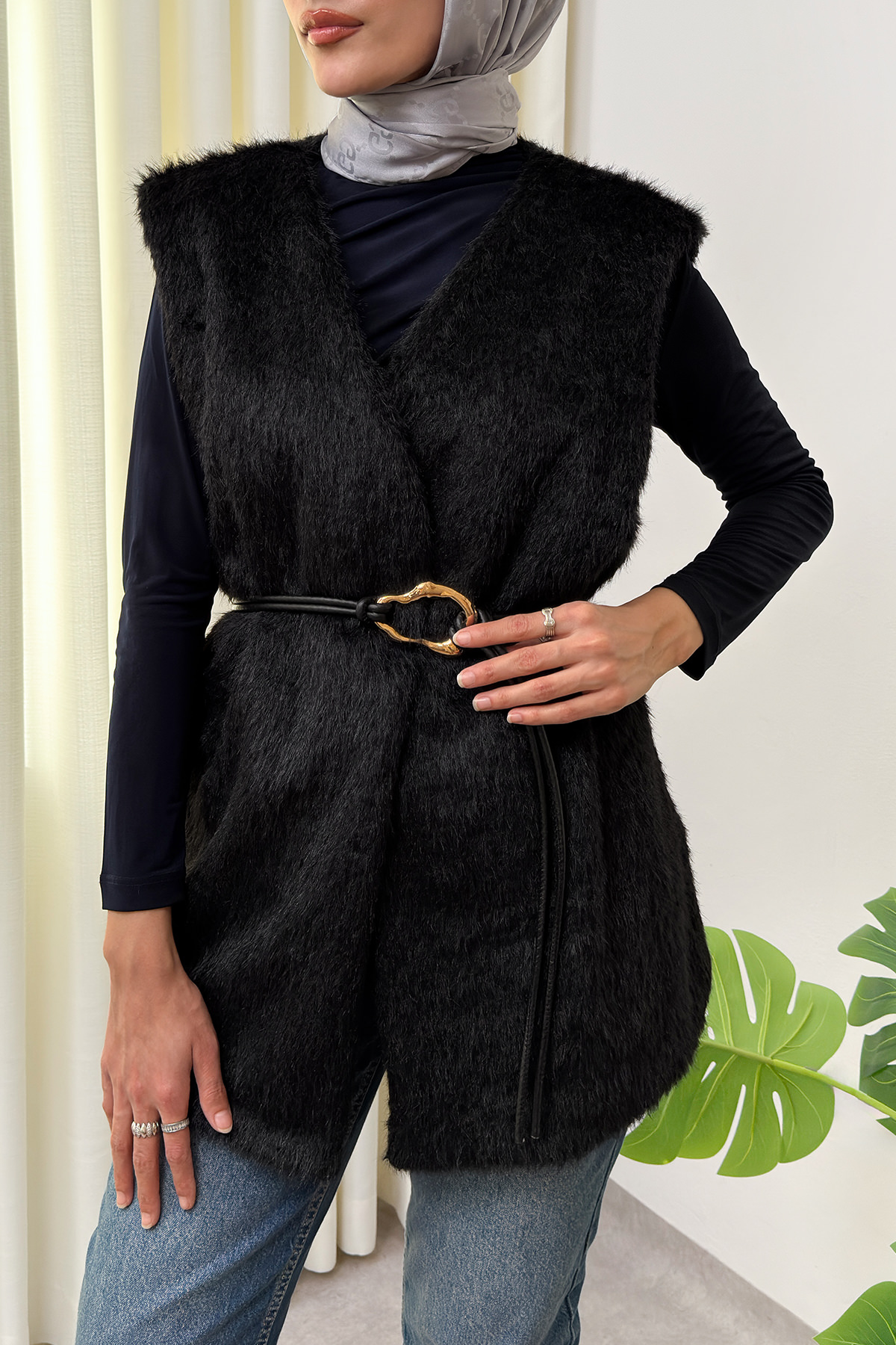 Kemerli Kürk Yelek 2910 - SİYAH |  