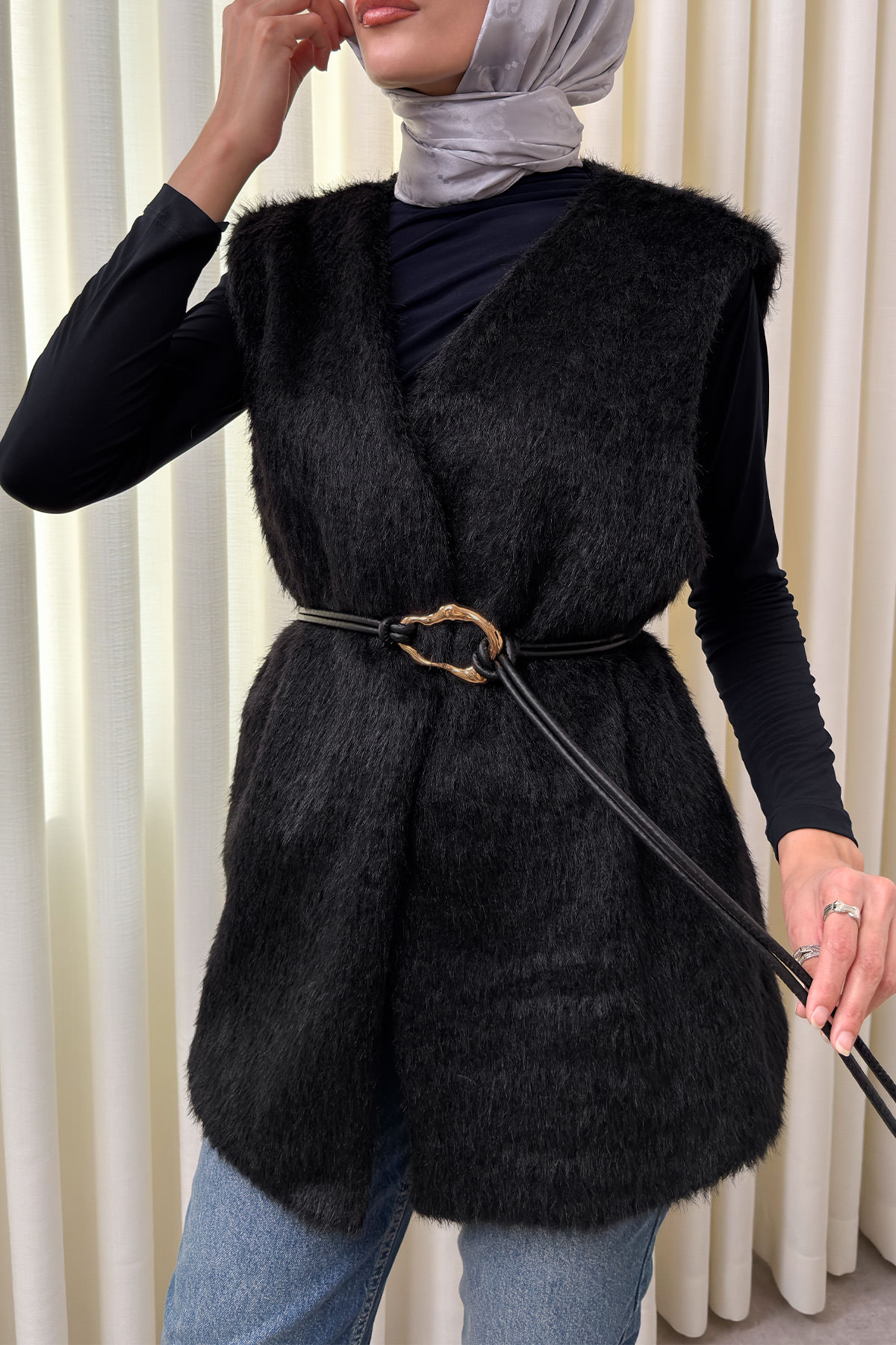 Kemerli Kürk Yelek 2910 - SİYAH |  