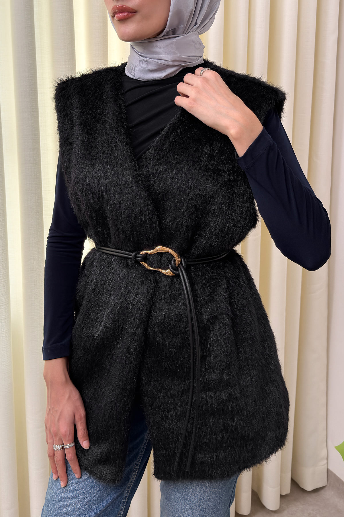 Kemerli Kürk Yelek 2910 - SİYAH |  