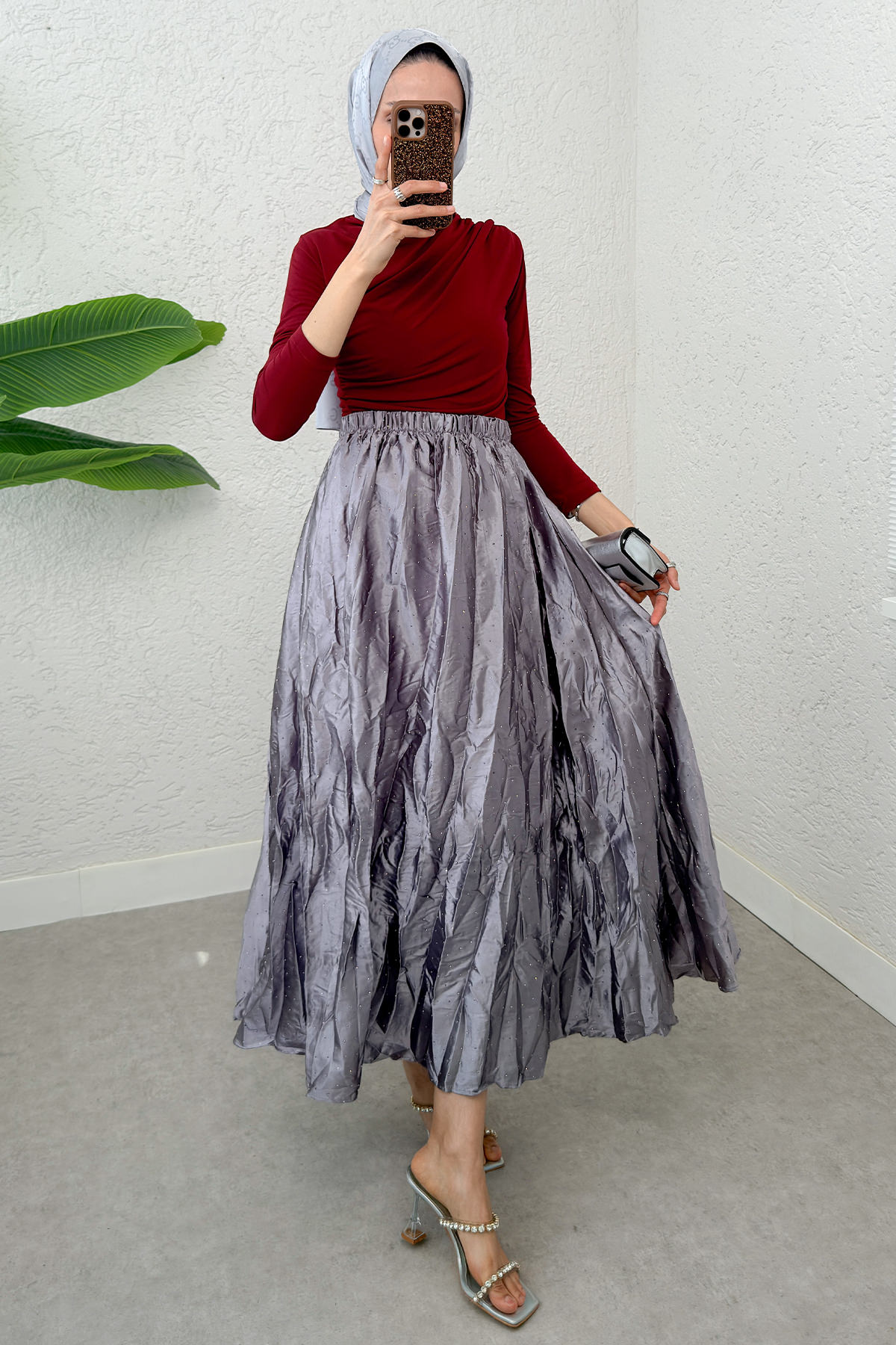 Taş Süslemeli Kırışık Etek 3436 - GRİ |  