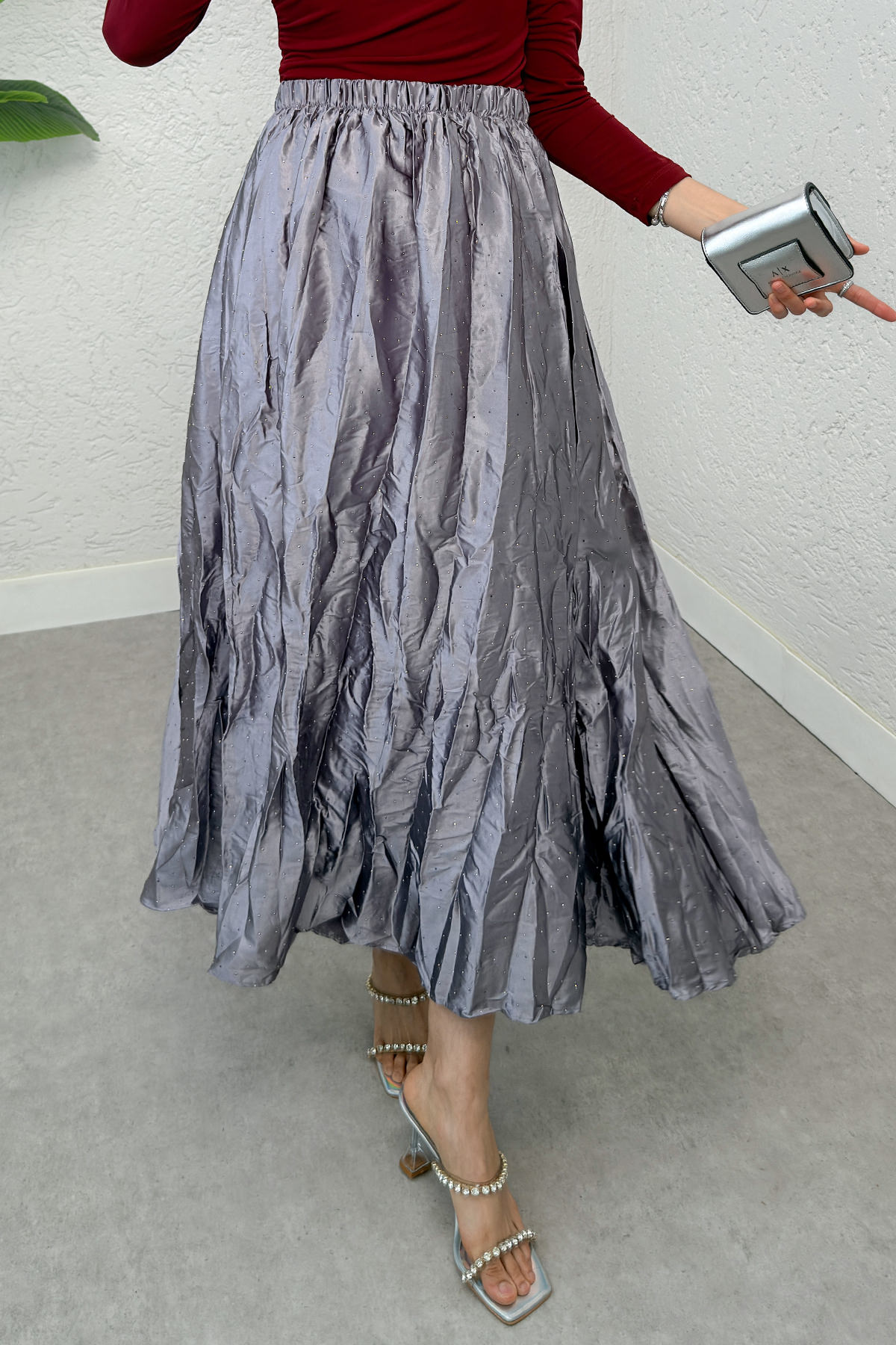 Taş Süslemeli Kırışık Etek 3436 - GRİ |  