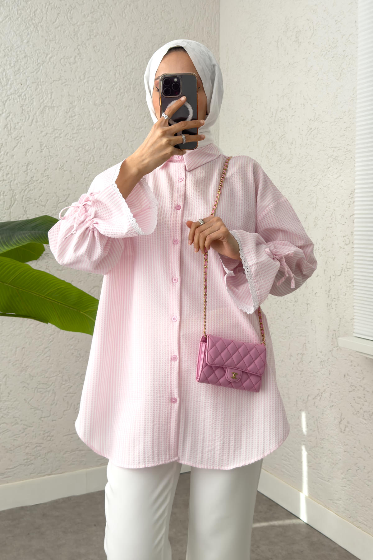 Kolu Fisto Nakışlı Gömlek 2226 - PEMBE |  