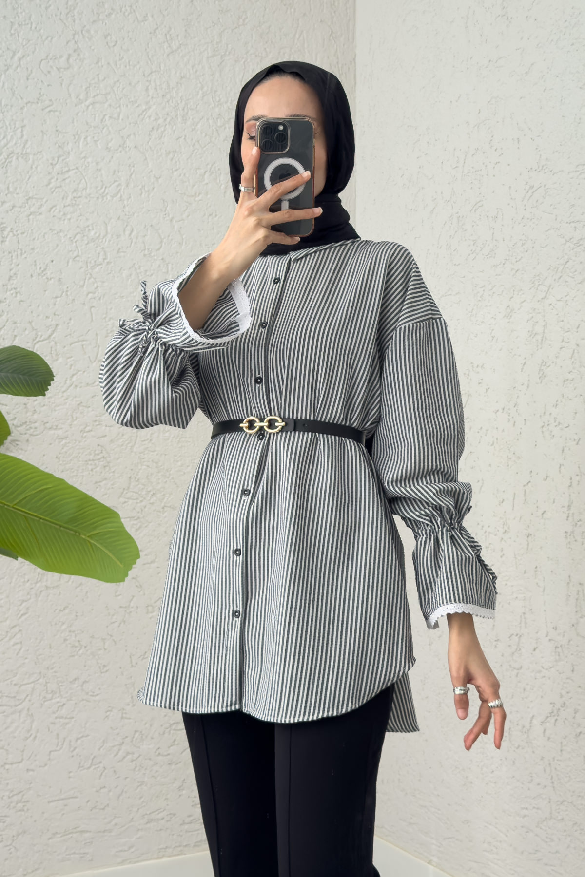 Kolu Fisto Nakışlı Gömlek 2226 - SİYAH |  