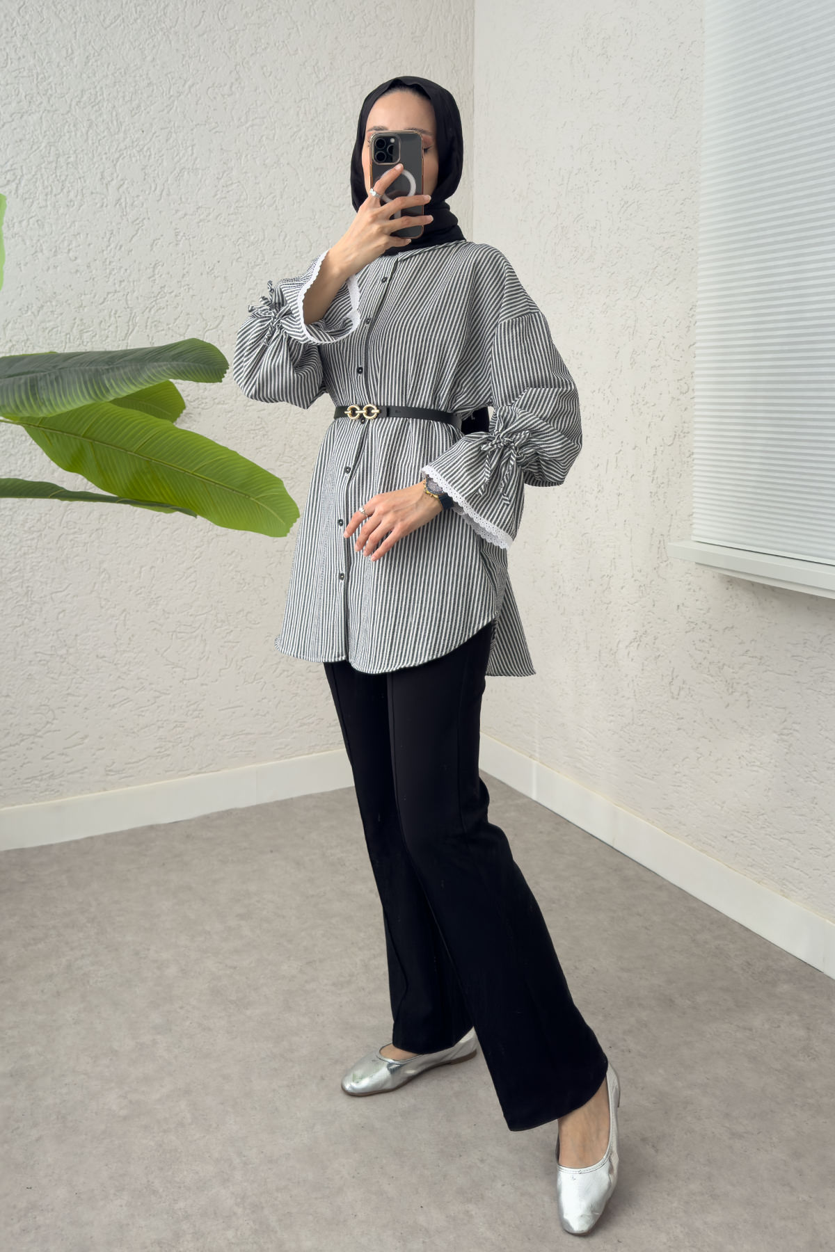 Kolu Fisto Nakışlı Gömlek 2226 - SİYAH |  