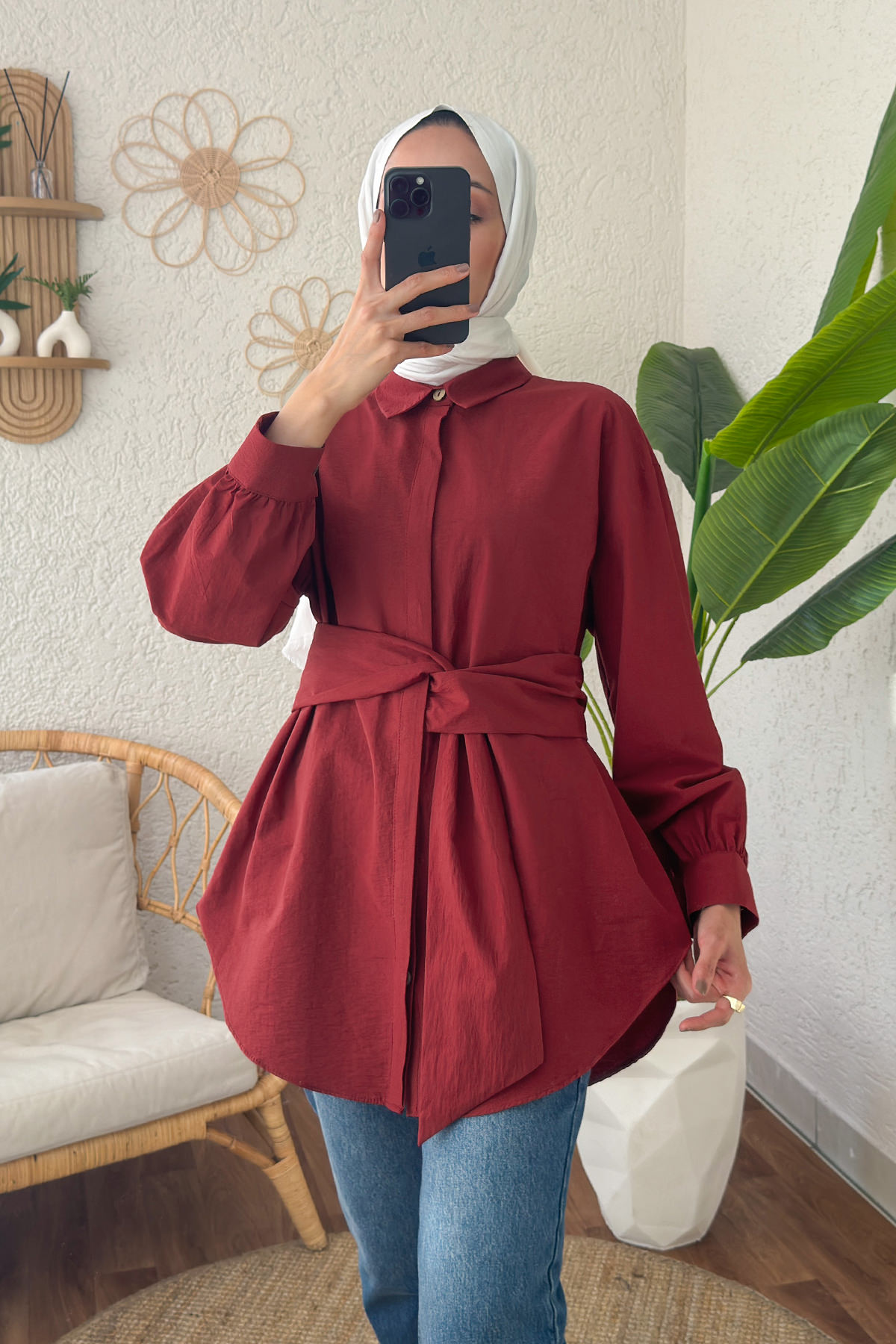 2190 Sabit Kuşaklı Tunik - BORDO |  