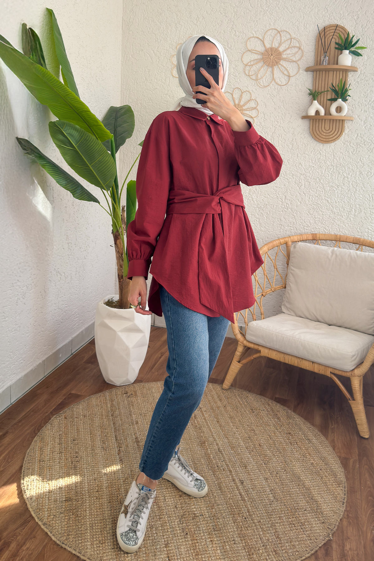 2190 Sabit Kuşaklı Tunik - BORDO |  