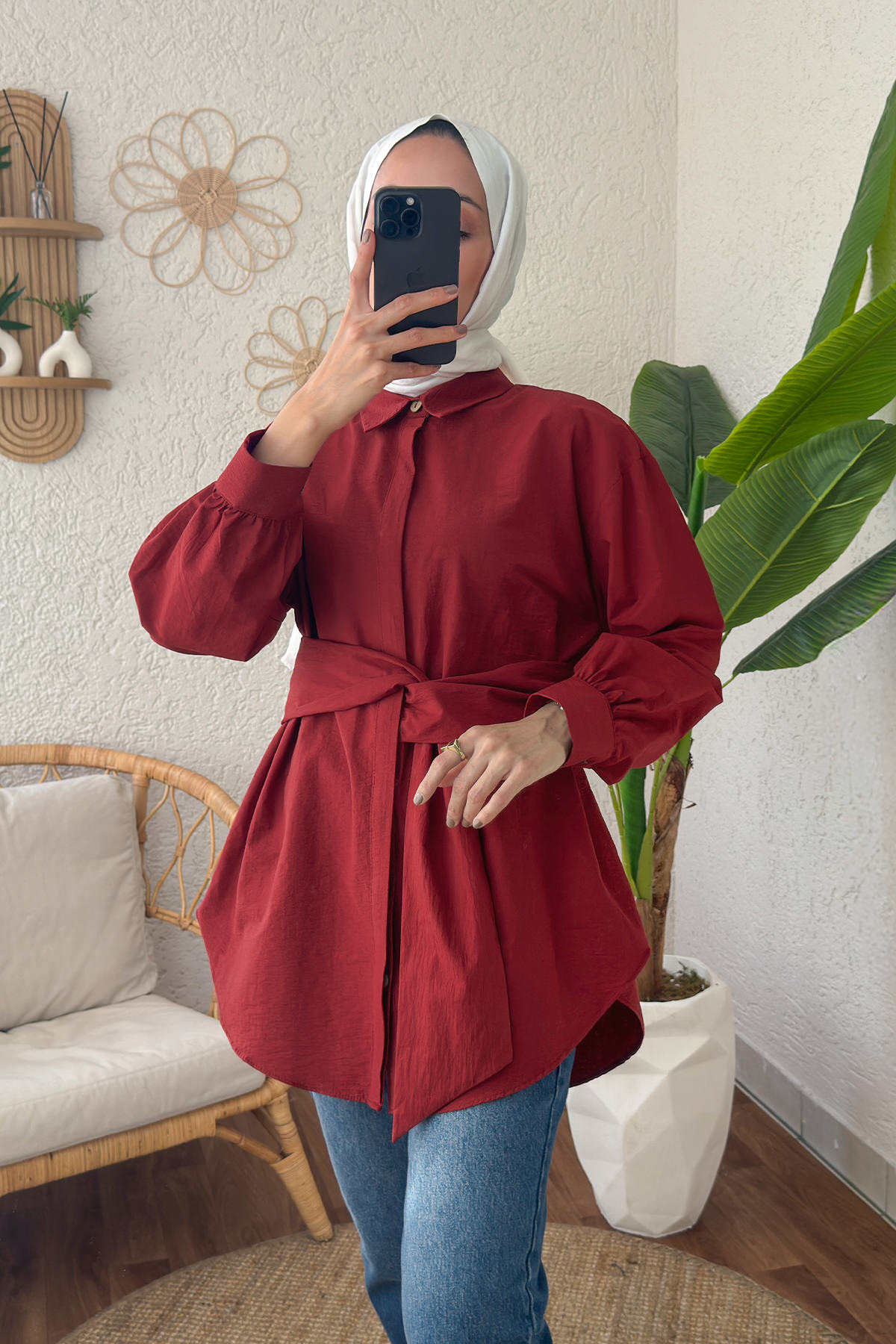 2190 Sabit Kuşaklı Tunik - BORDO |  