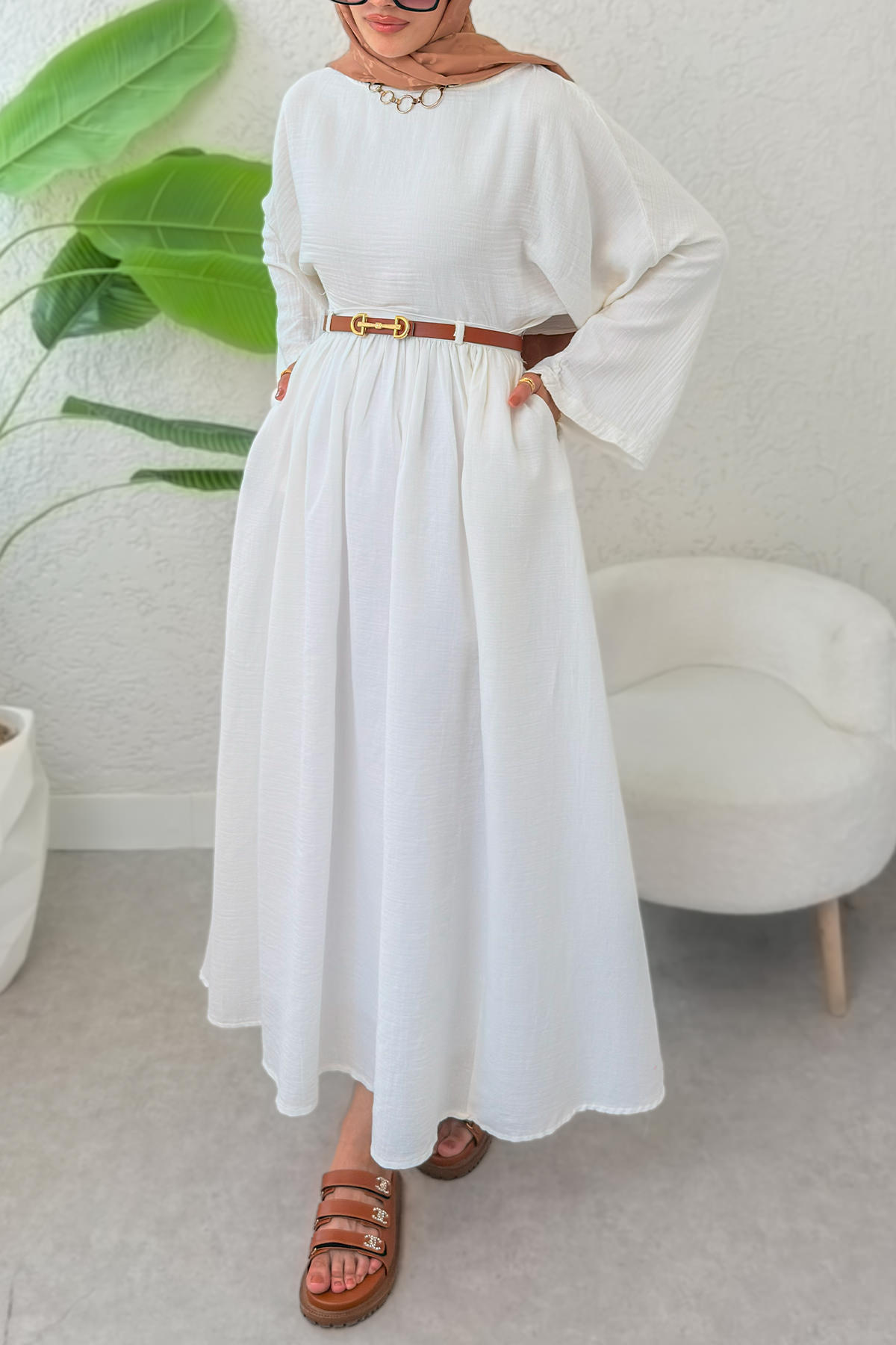 Kloş Etekli Keten Takım 31287 - BEYAZ |  