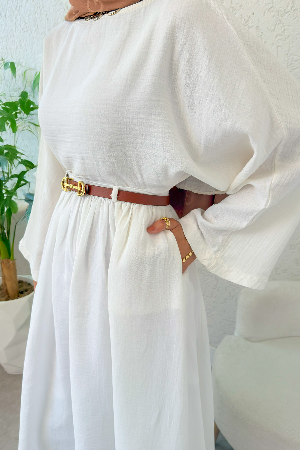 Kloş Etekli Keten Takım 31287 - BEYAZ |  