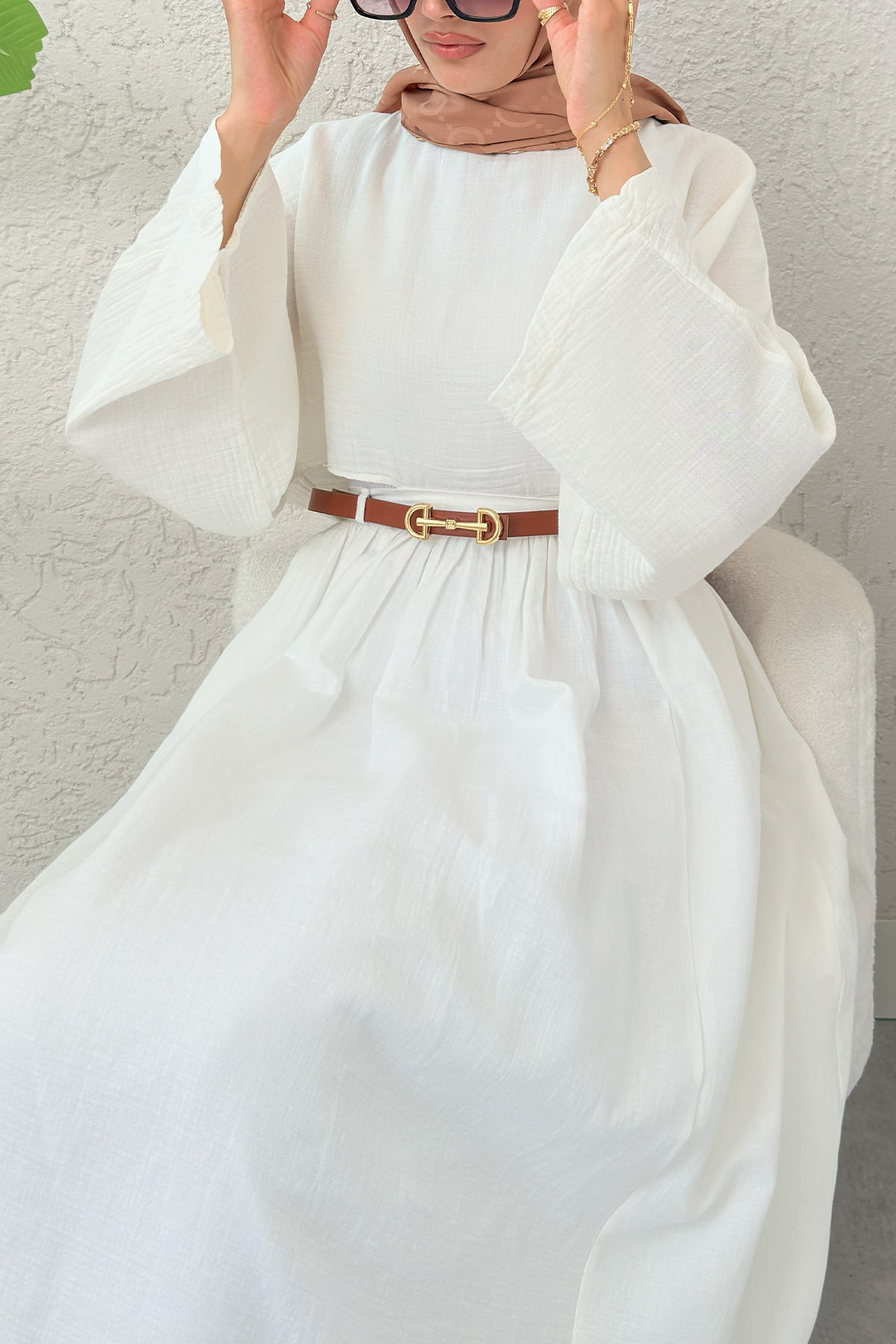 Kloş Etekli Keten Takım 31287 - BEYAZ |  