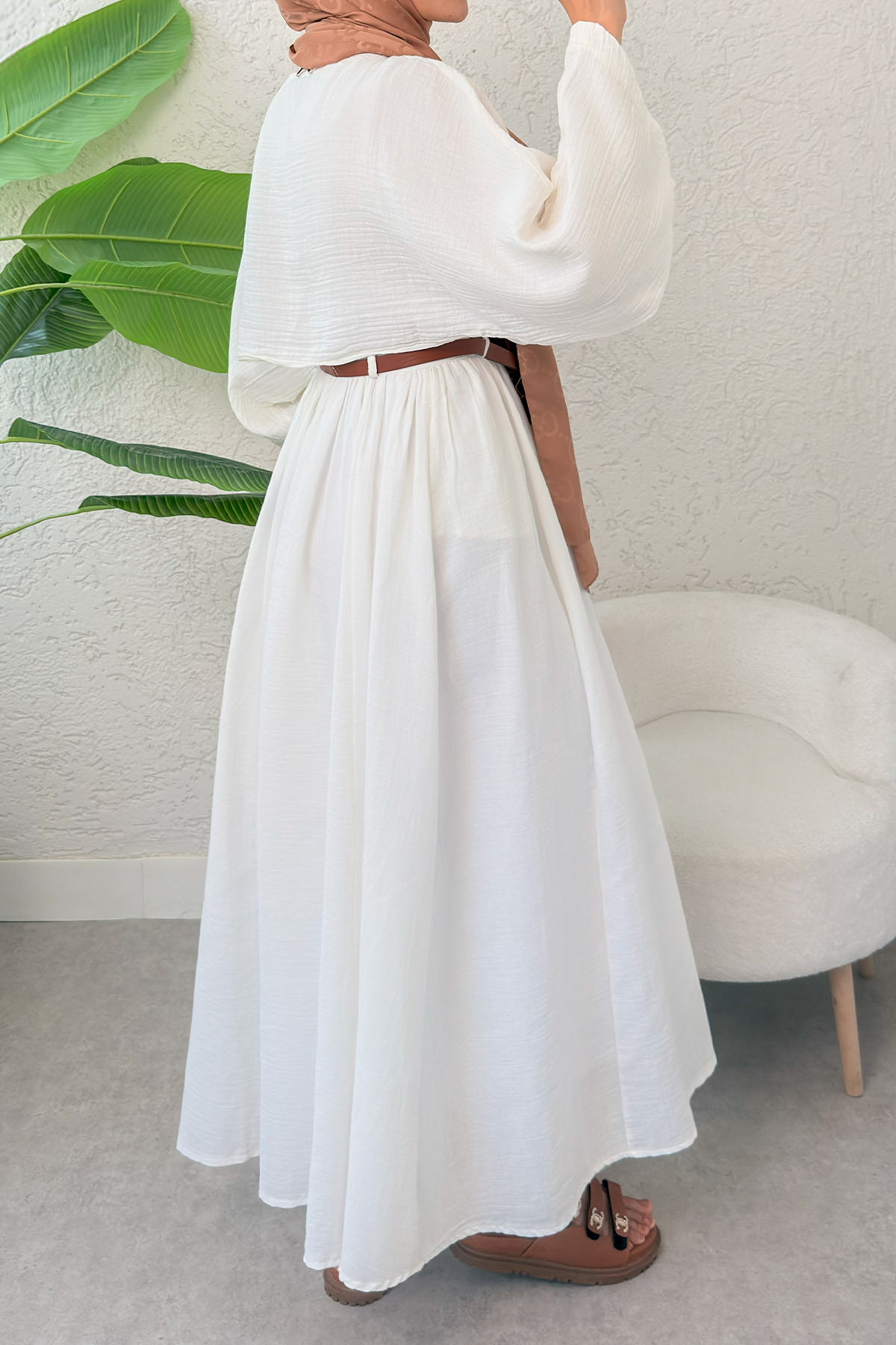 Kloş Etekli Keten Takım 31287 - BEYAZ |  