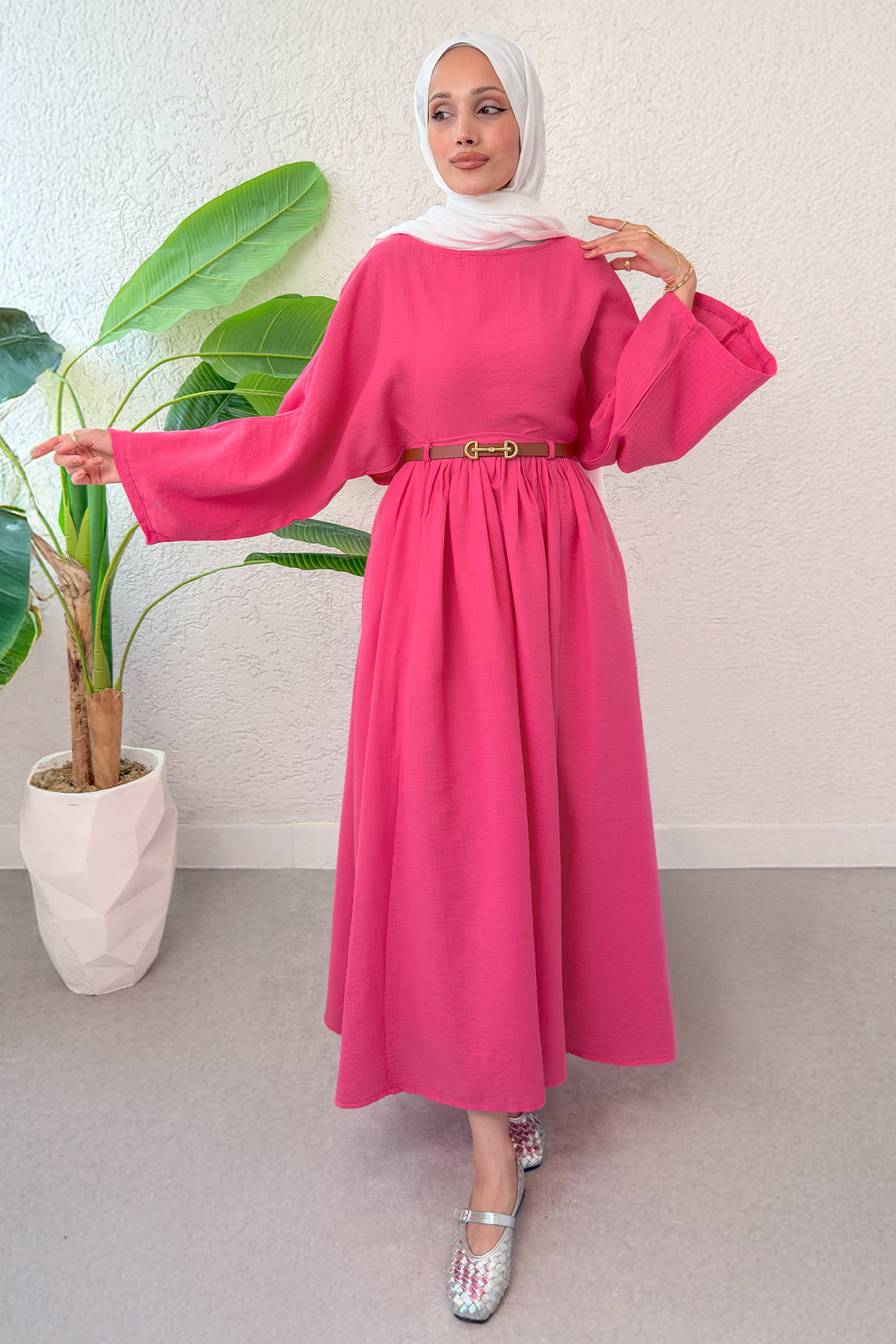 Kloş Etekli Keten Takım 31287 - FUŞYA |  