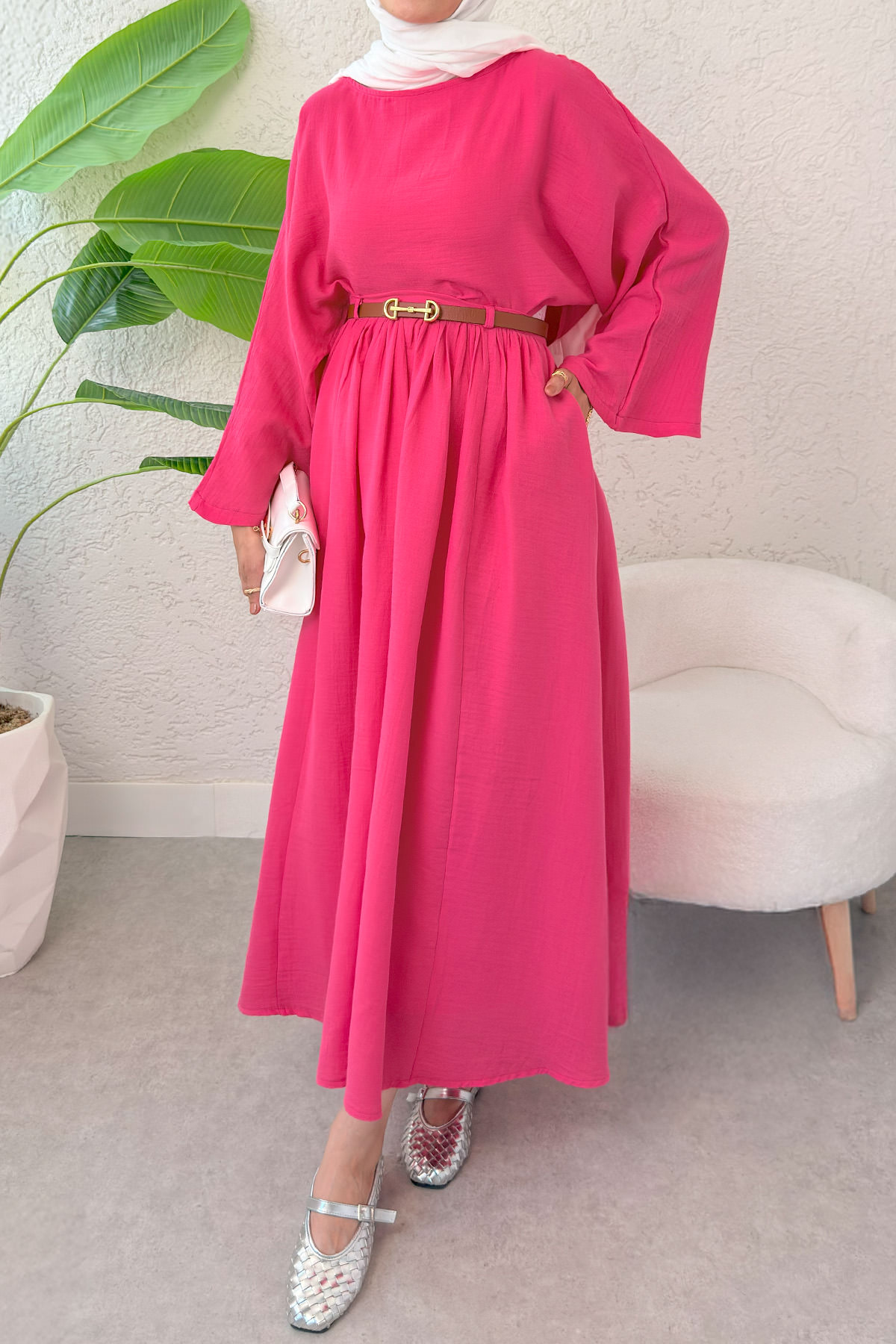 Kloş Etekli Keten Takım 31287 - FUŞYA |  