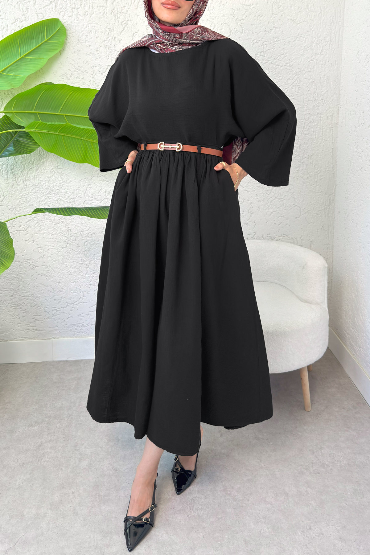 Kloş Etekli Keten Takım 31287 - SİYAH |  