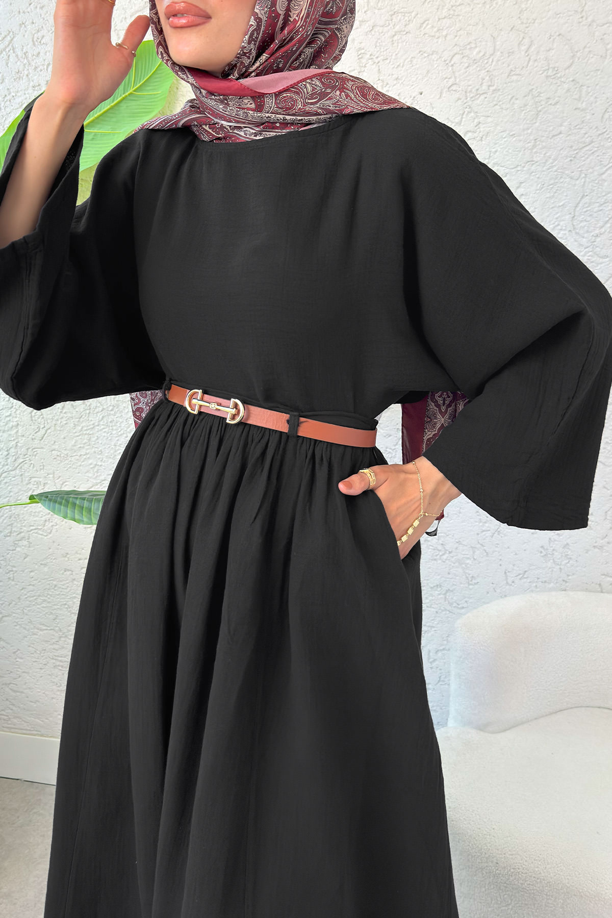 Kloş Etekli Keten Takım 31287 - SİYAH |  