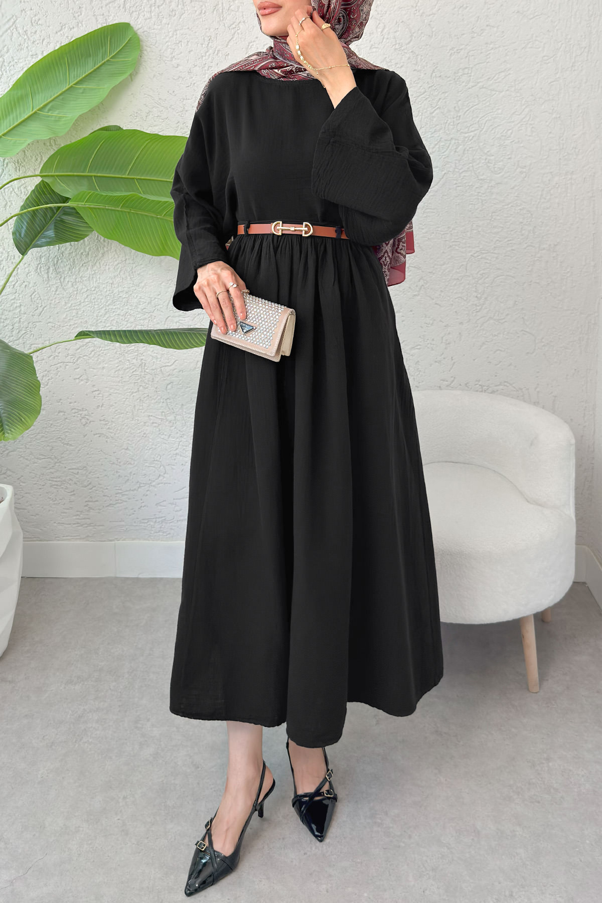 Kloş Etekli Keten Takım 31287 - SİYAH |  