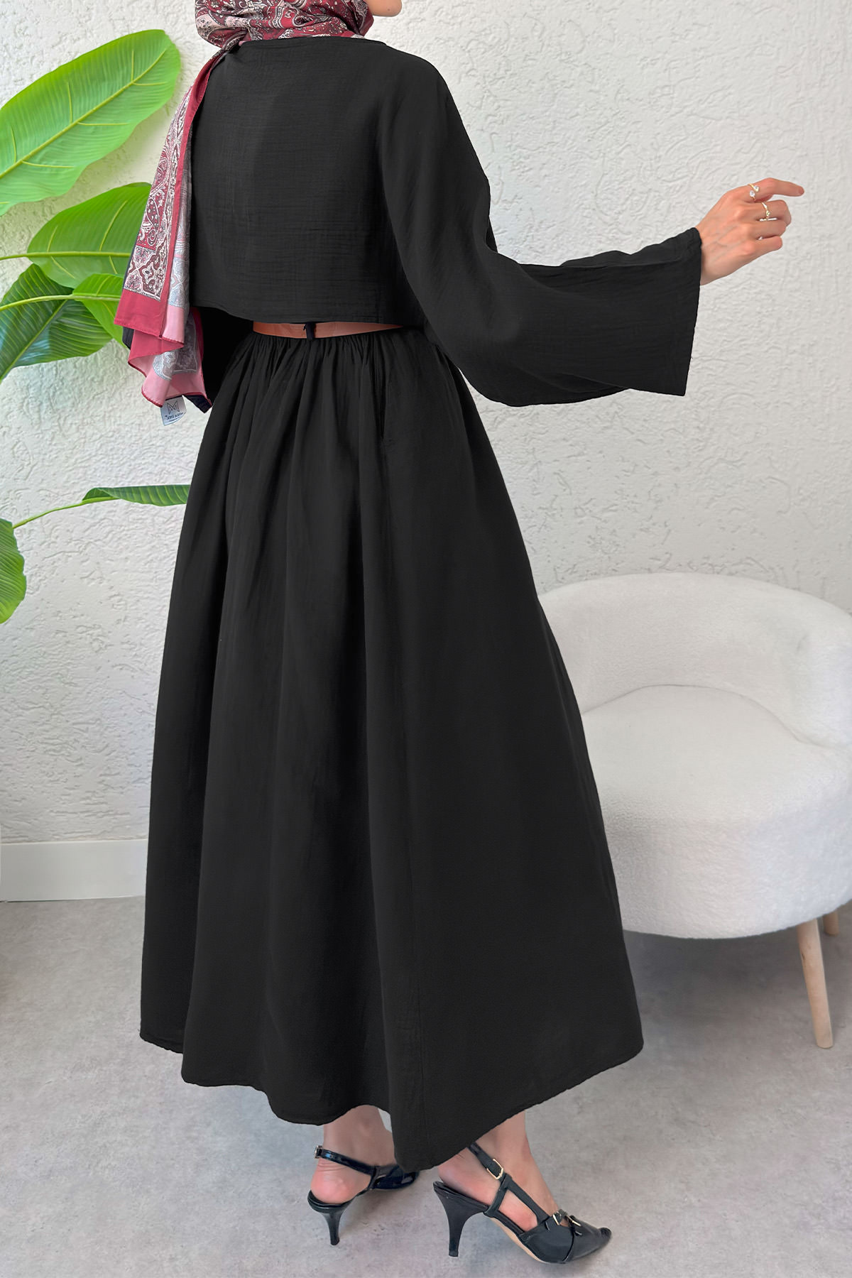 Kloş Etekli Keten Takım 31287 - SİYAH |  