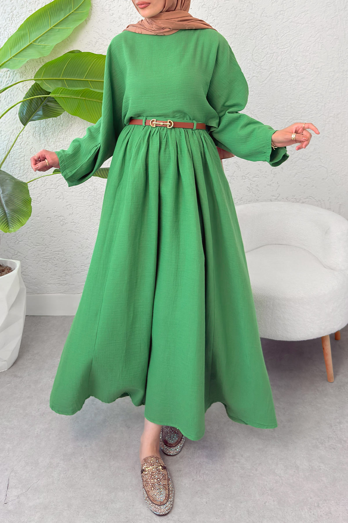 Kloş Etekli Keten Takım 31287 - YEŞİL |  