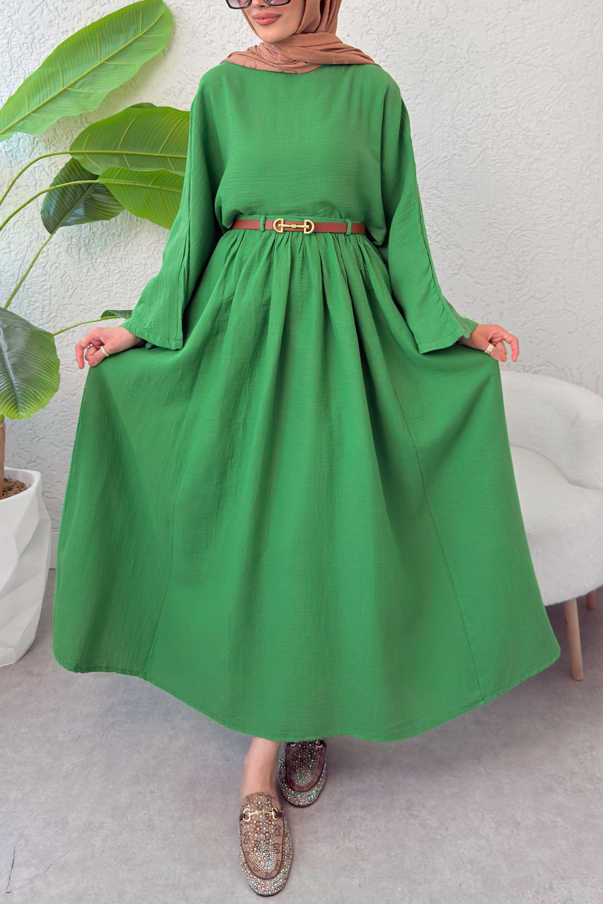 Kloş Etekli Keten Takım 31287 - YEŞİL |  