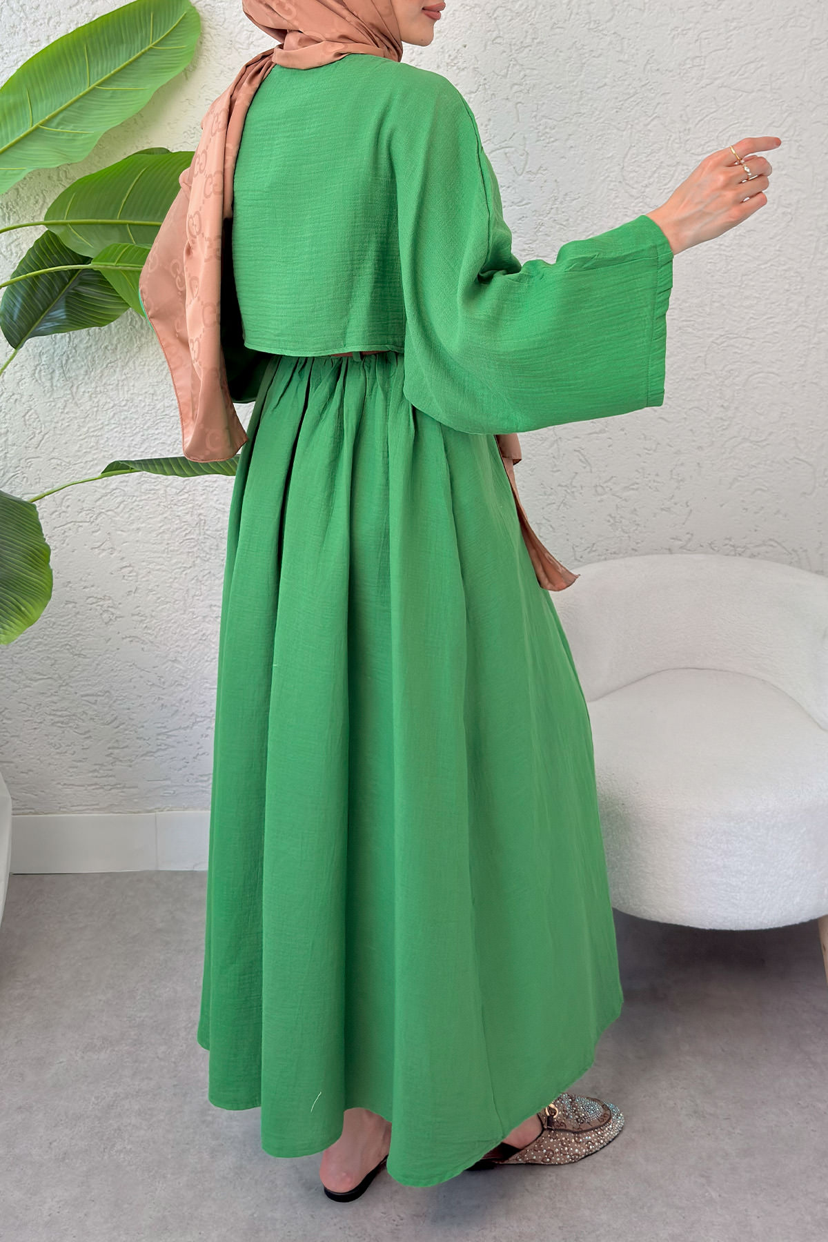 Kloş Etekli Keten Takım 31287 - YEŞİL |  