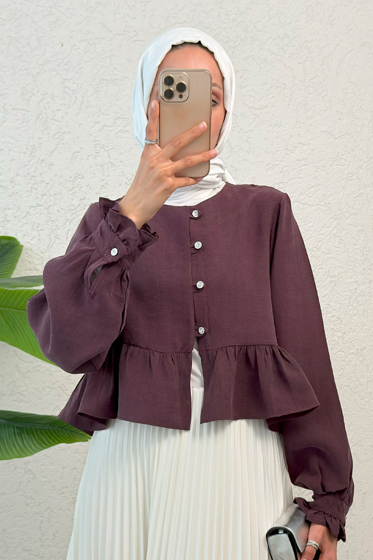 Eteği Fırfırlı Gömlek 2321 - VİŞNE ÇÜRÜĞÜ |  