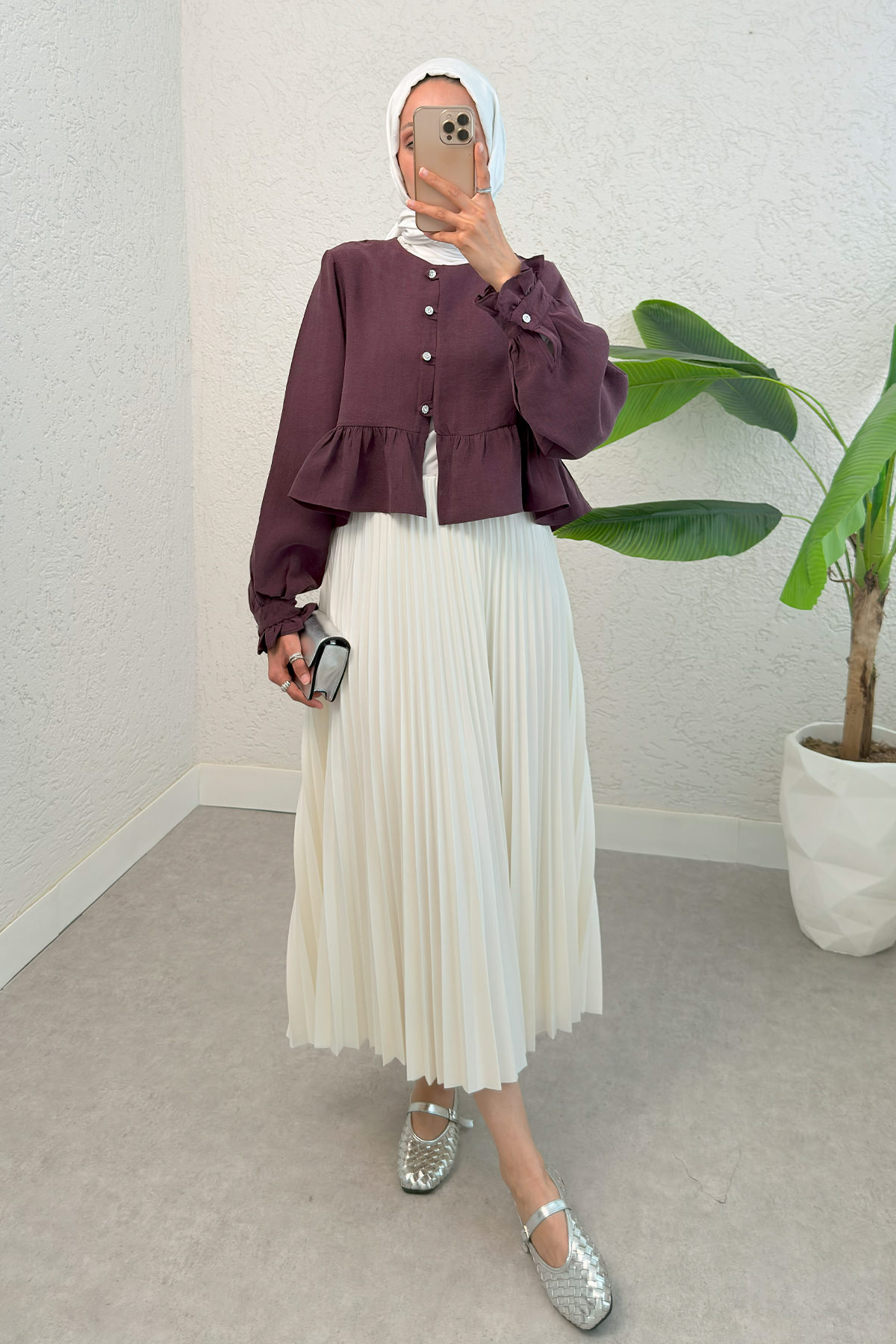 Eteği Fırfırlı Gömlek 2321 - VİŞNE ÇÜRÜĞÜ |  