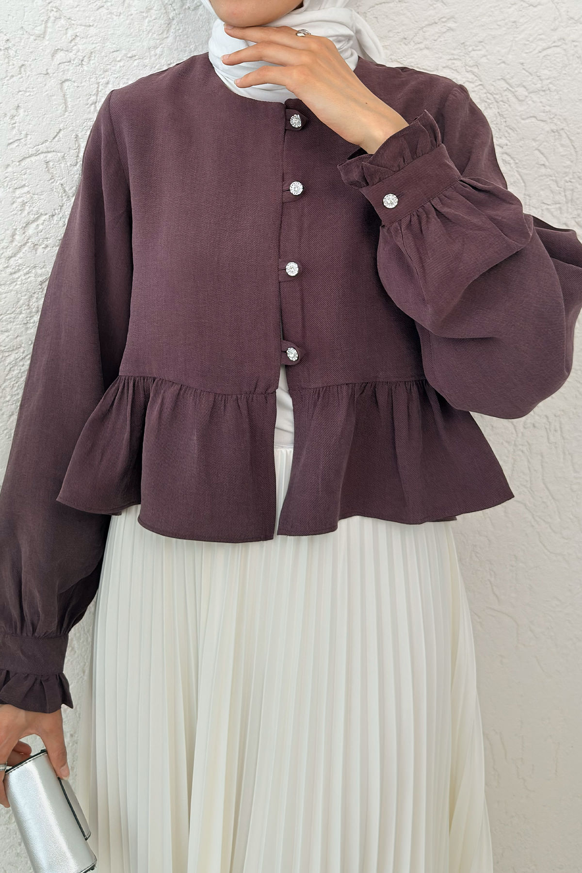 Eteği Fırfırlı Gömlek 2321 - VİŞNE ÇÜRÜĞÜ |  