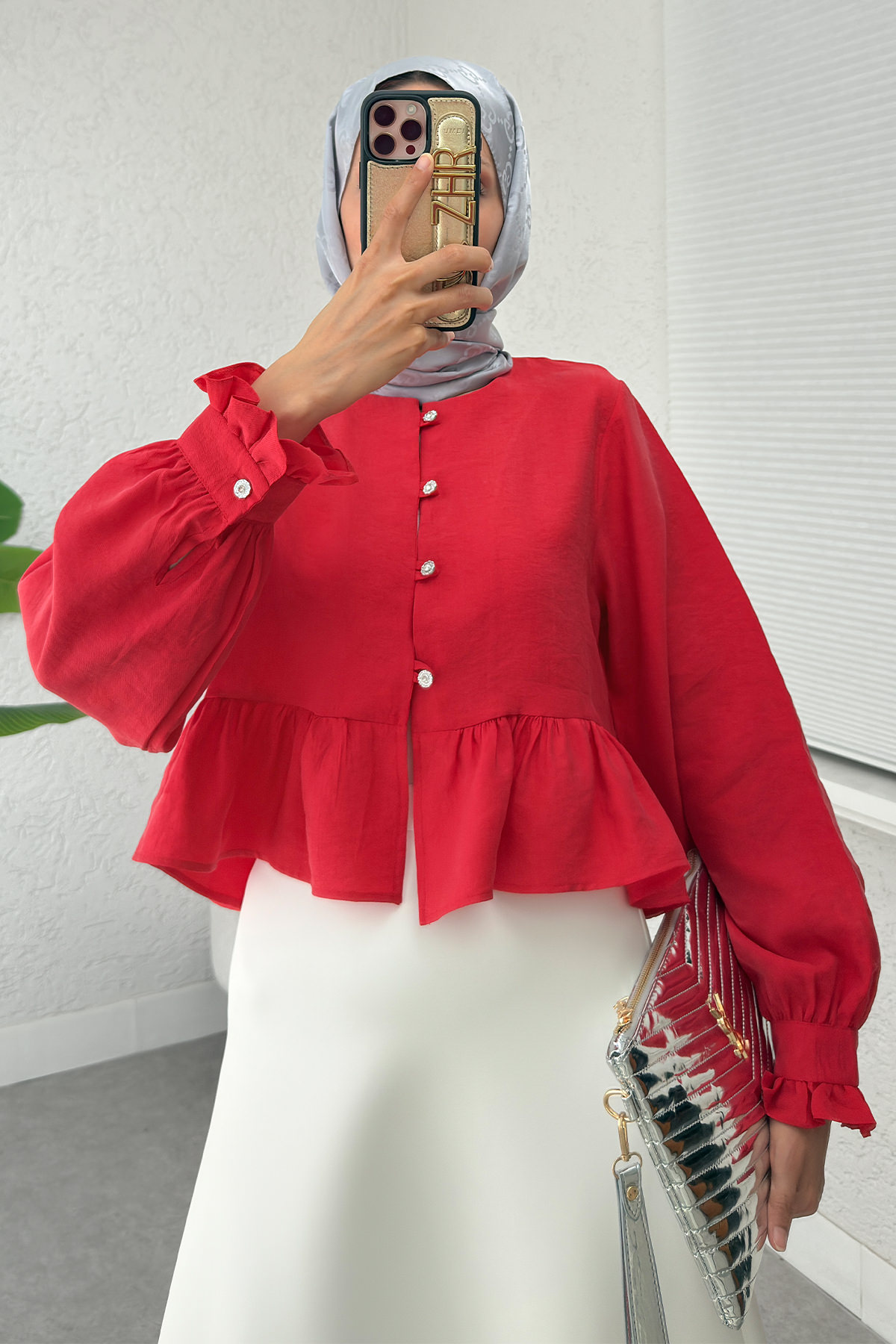 Eteği Fırfırlı Gömlek 2321 - KIRMIZI |  