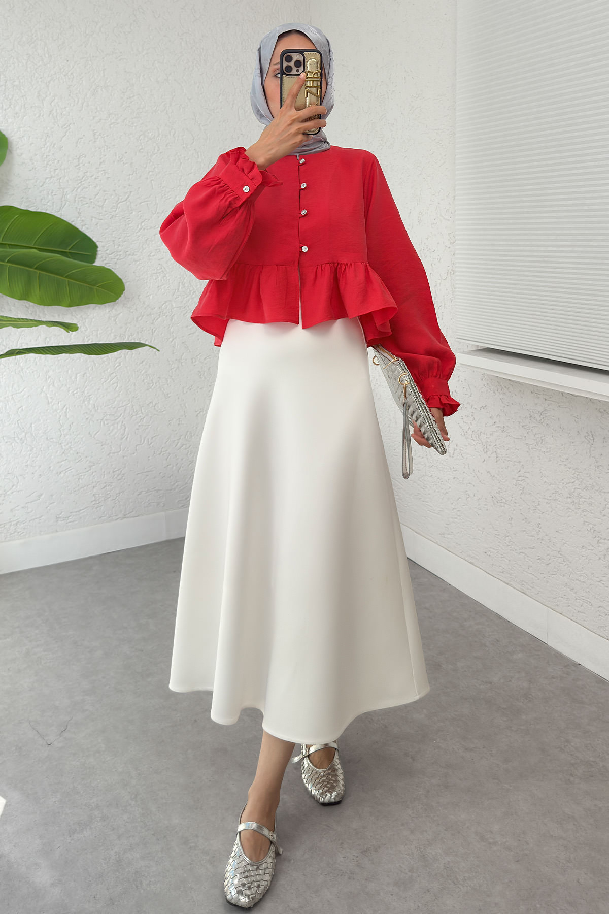 Eteği Fırfırlı Gömlek 2321 - KIRMIZI |  