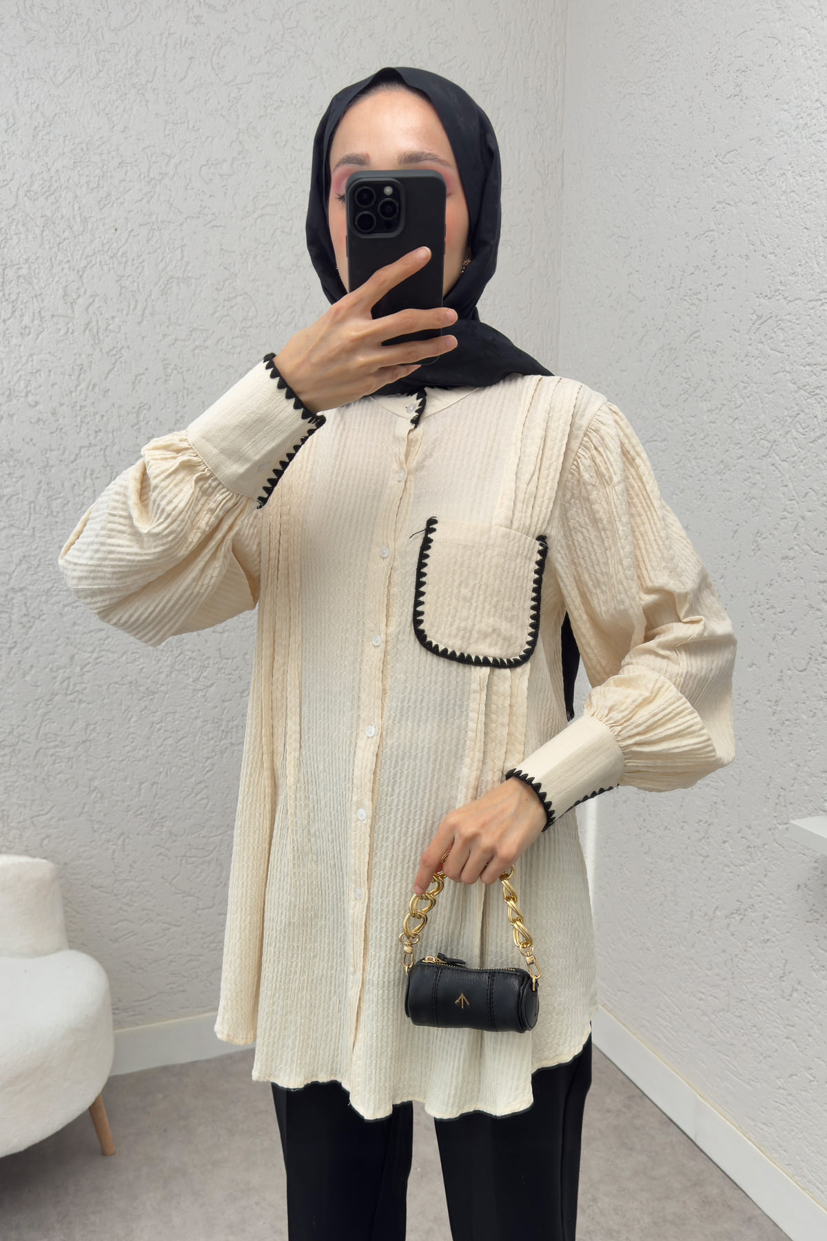 Fisto Detaylı Pliseli Gömlek 2205 - KREM |  