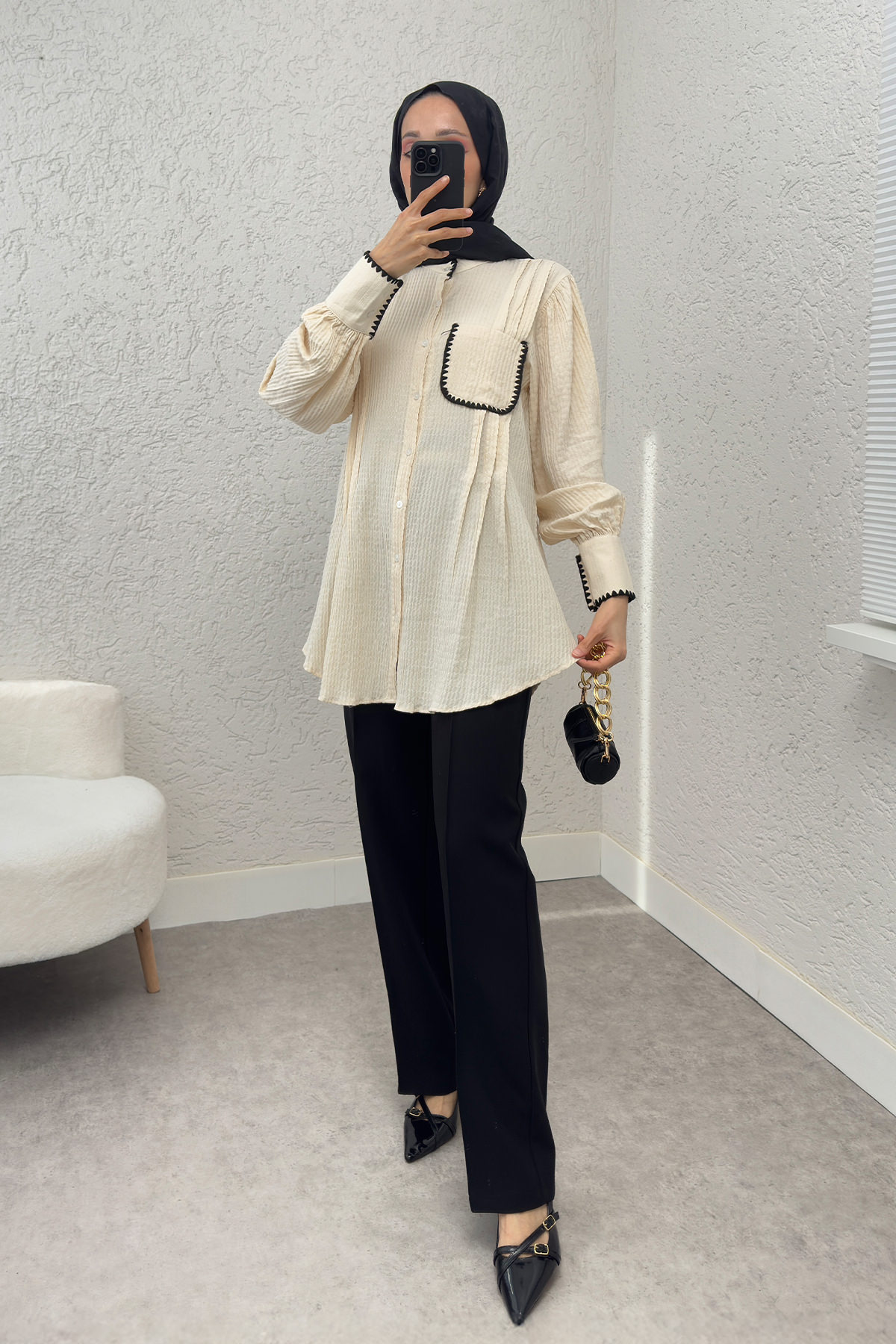 Fisto Detaylı Pliseli Gömlek 2205 - KREM |  