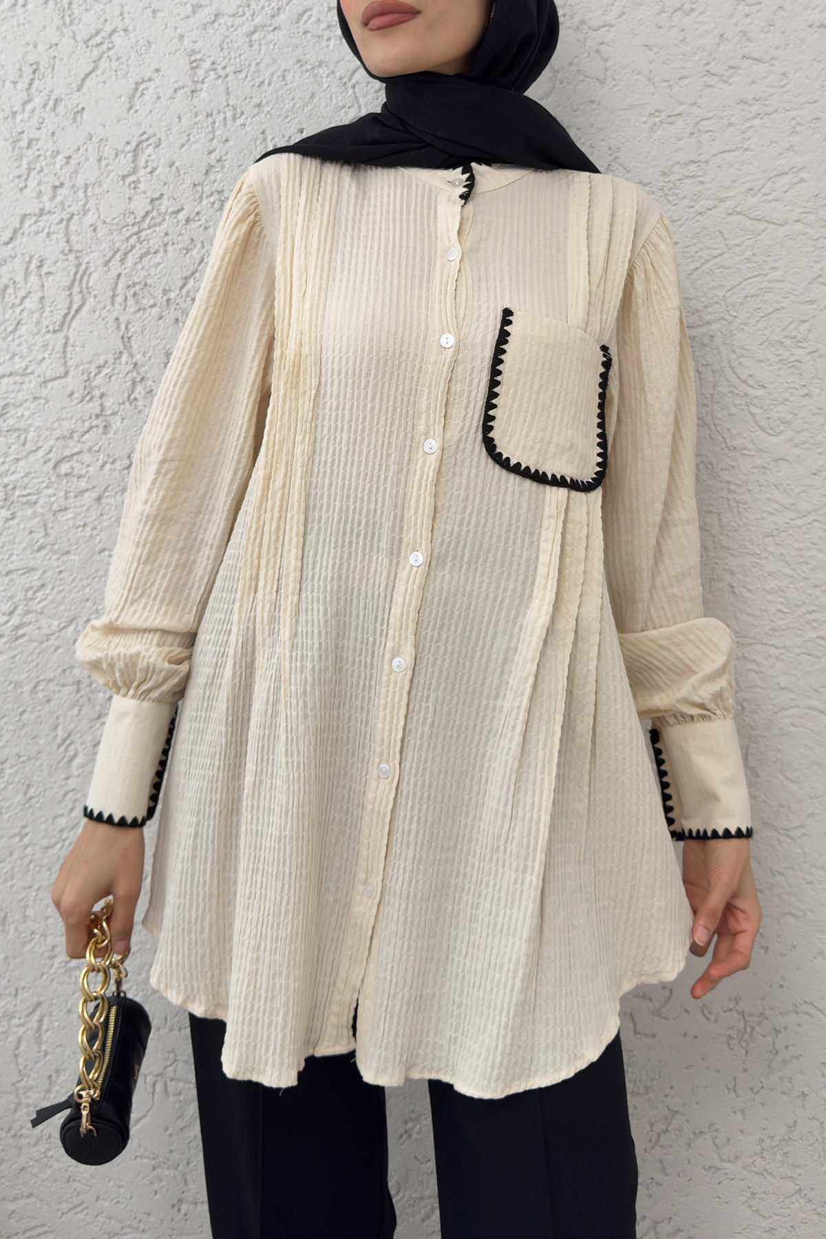 Fisto Detaylı Pliseli Gömlek 2205 - KREM |  