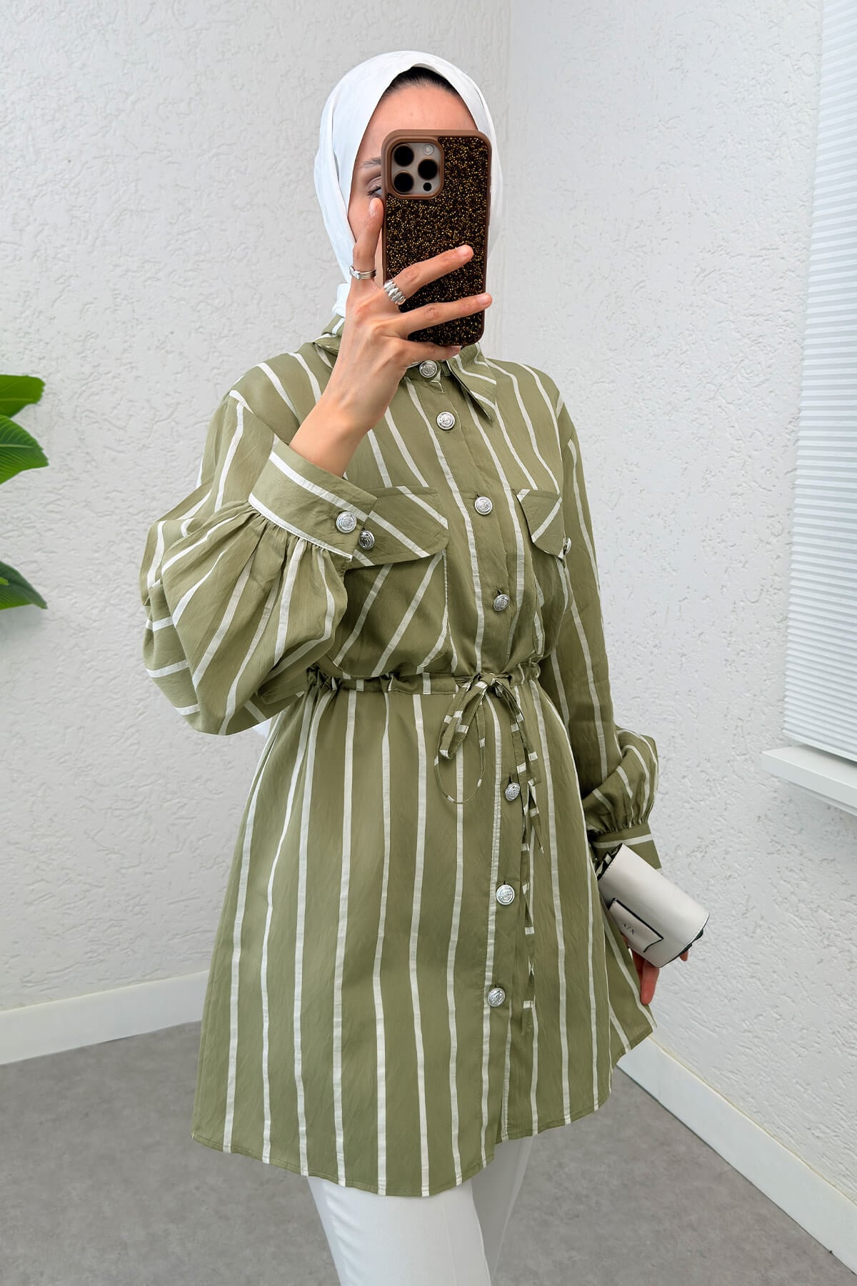 Bel Büzgülü Tesettür Tunik 2200 - AÇIK HAKİ |  