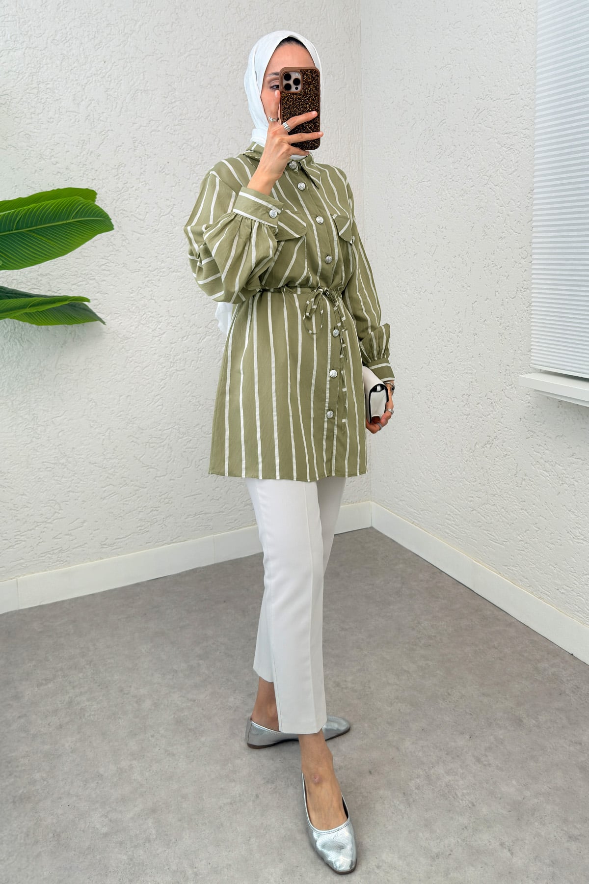 Bel Büzgülü Tesettür Tunik 2200 - AÇIK HAKİ |  