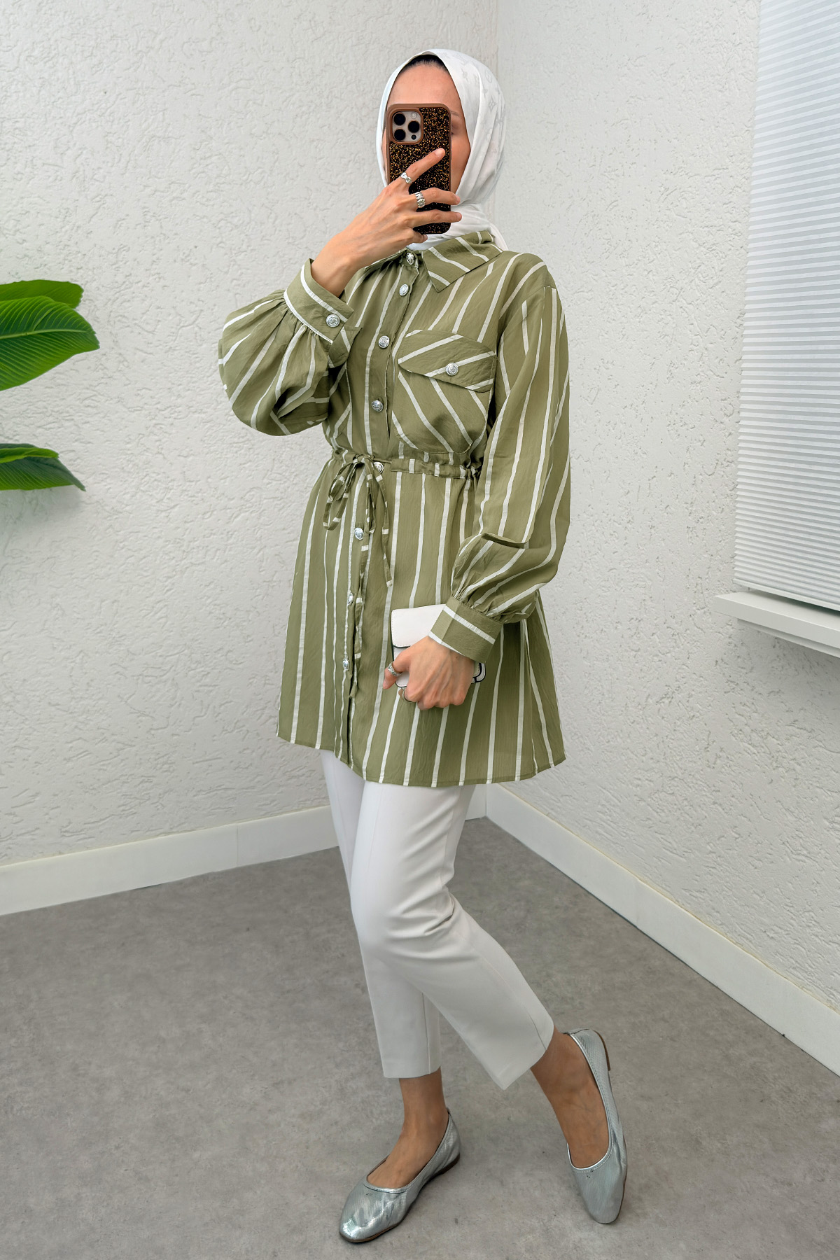 Bel Büzgülü Tesettür Tunik 2200 - AÇIK HAKİ |  