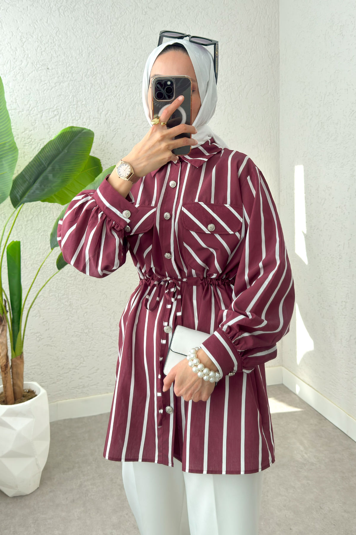 Bel Büzgülü Tesettür Tunik 2200 - BORDO |  