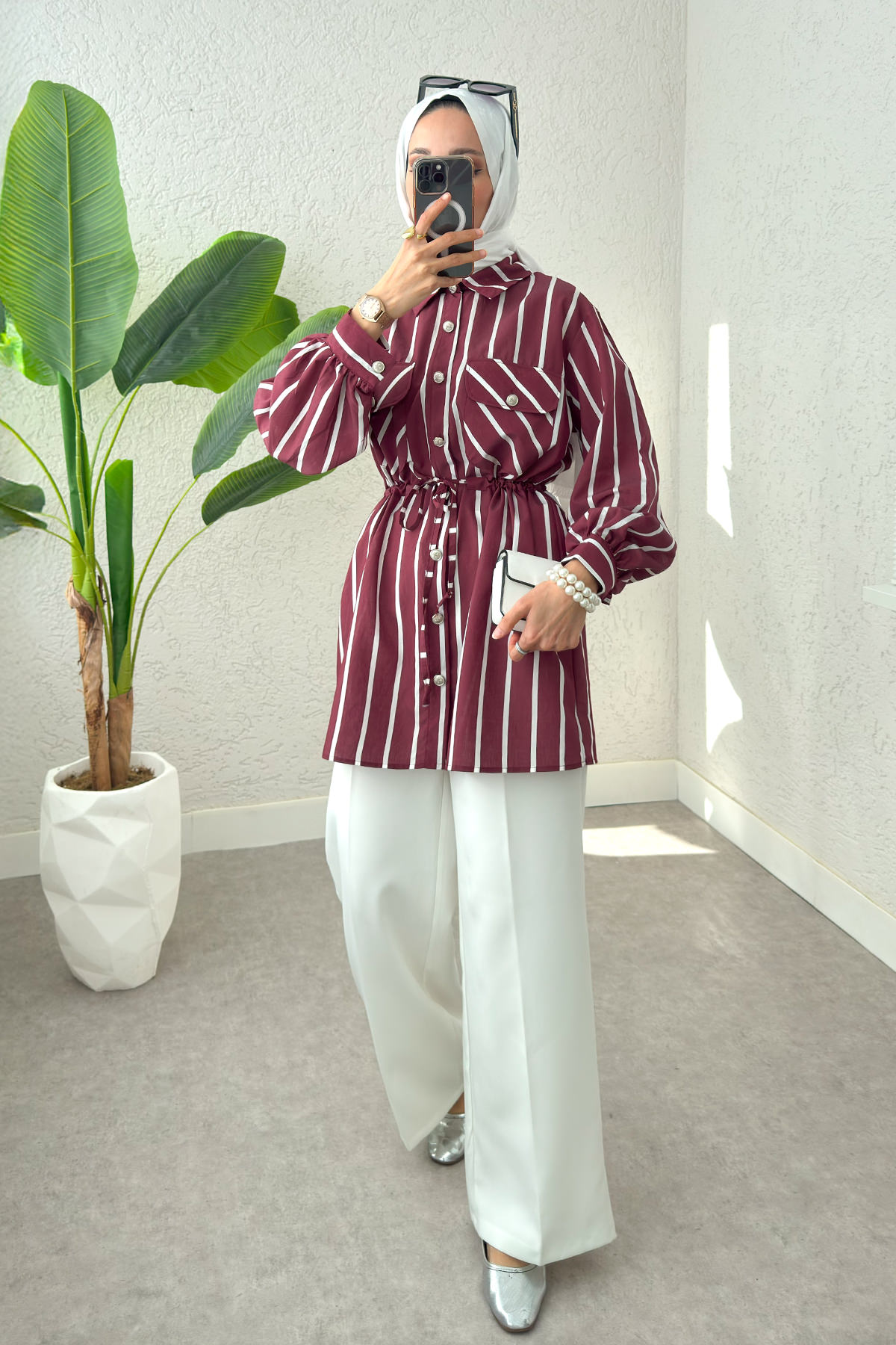 Bel Büzgülü Tesettür Tunik 2200 - BORDO |  