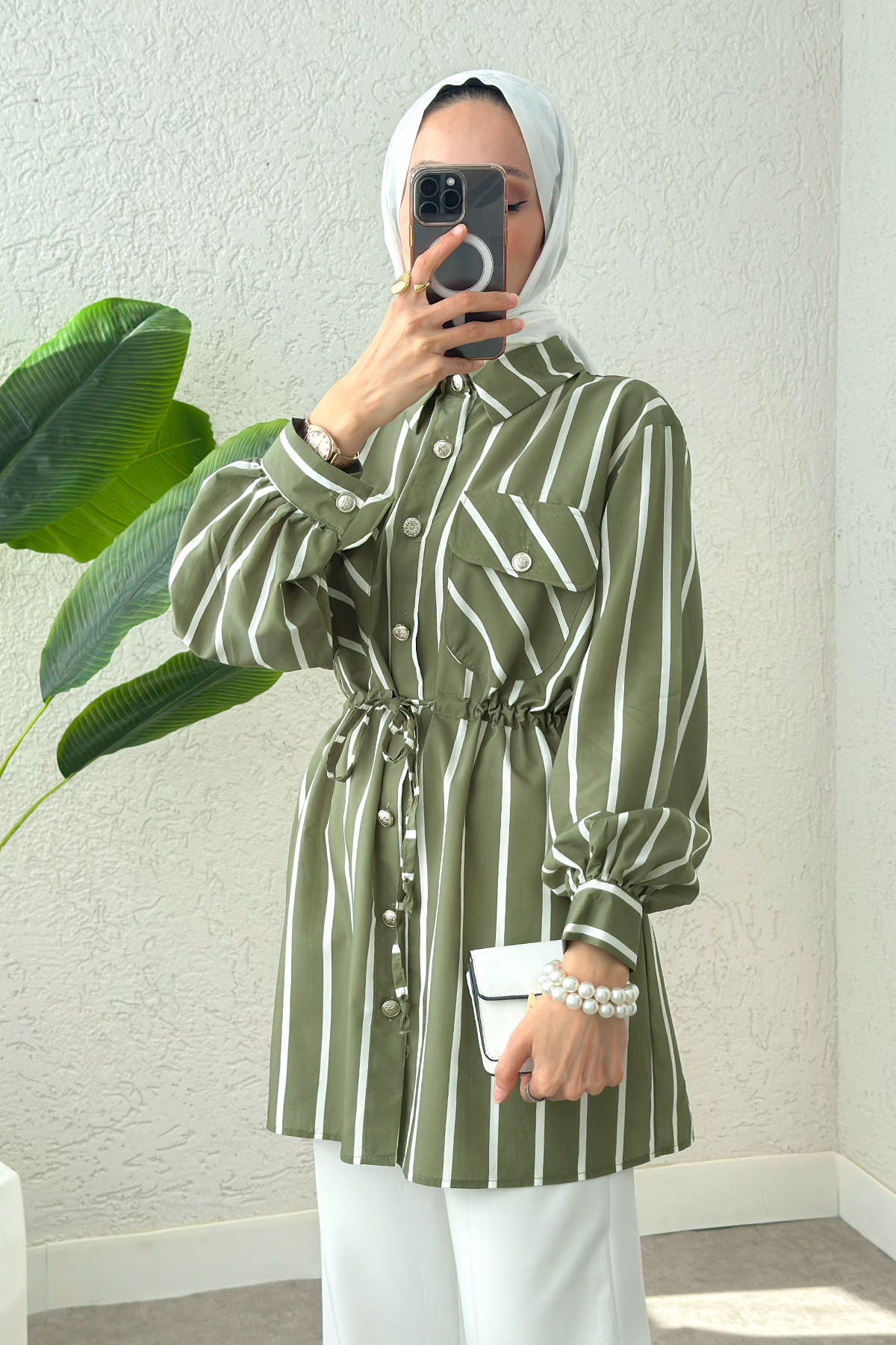 Bel Büzgülü Tesettür Tunik 2200 - HAKİ |  