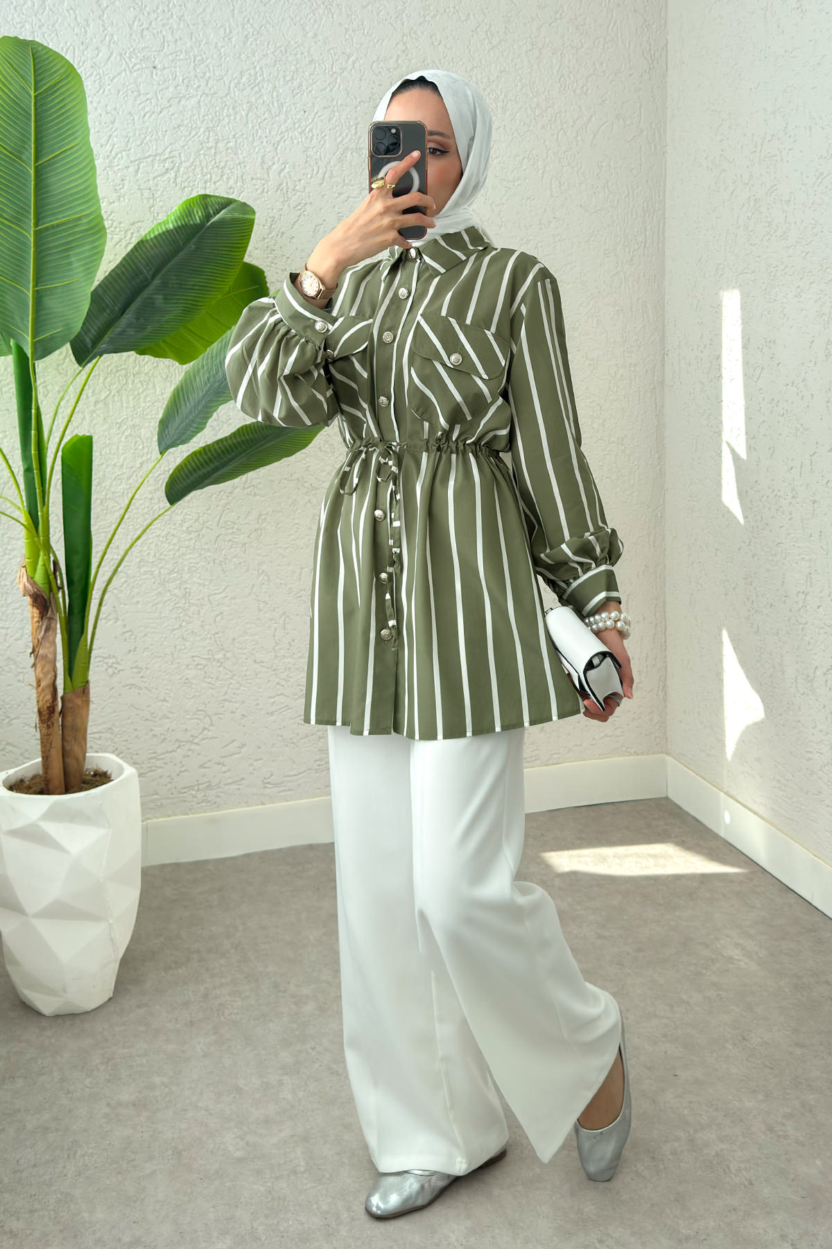 Bel Büzgülü Tesettür Tunik 2200 - HAKİ |  