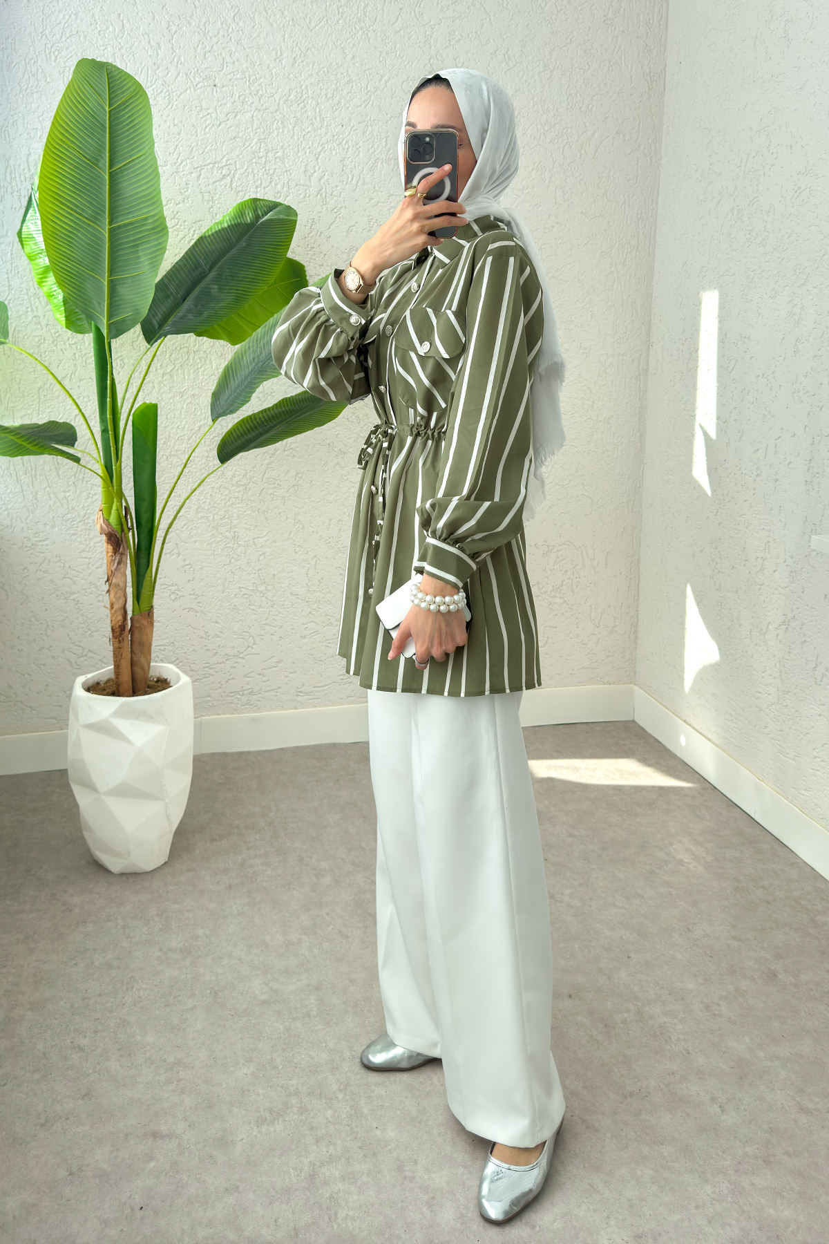 Bel Büzgülü Tesettür Tunik 2200 - HAKİ |  