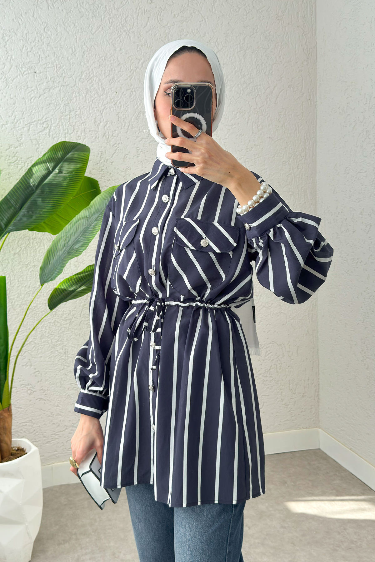 Bel Büzgülü Tesettür Tunik 2200 - LACİVERT |  