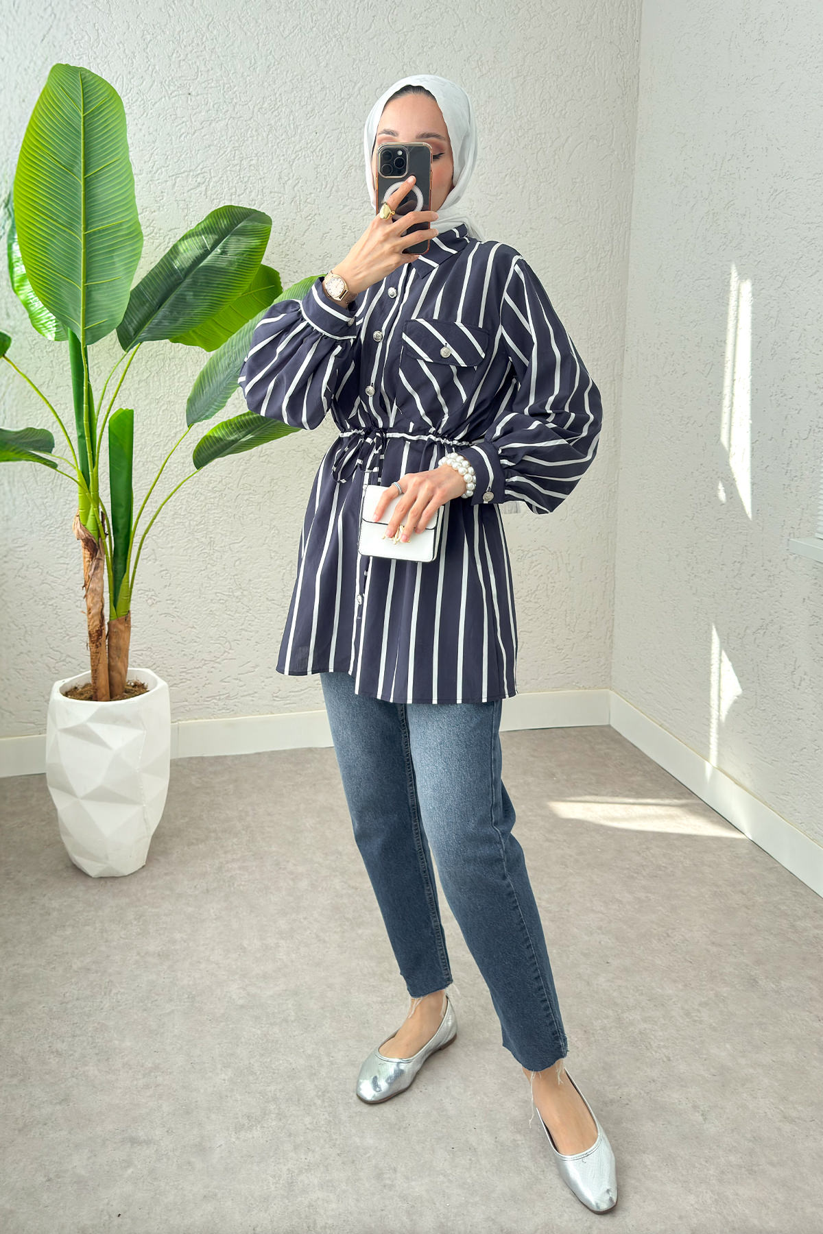 Bel Büzgülü Tesettür Tunik 2200 - LACİVERT |  