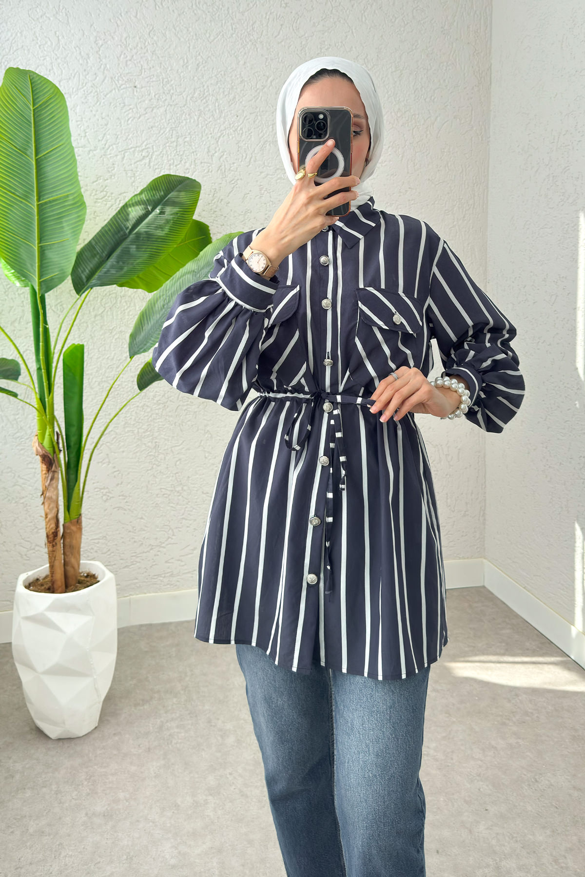 Bel Büzgülü Tesettür Tunik 2200 - LACİVERT |  