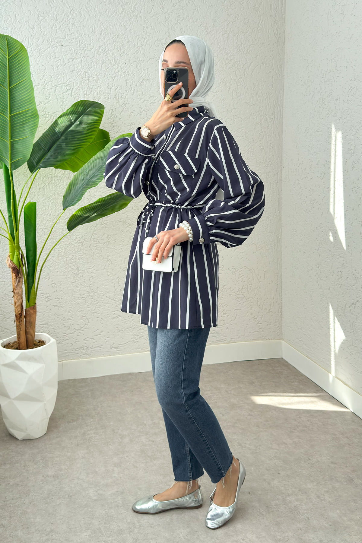 Bel Büzgülü Tesettür Tunik 2200 - LACİVERT |  