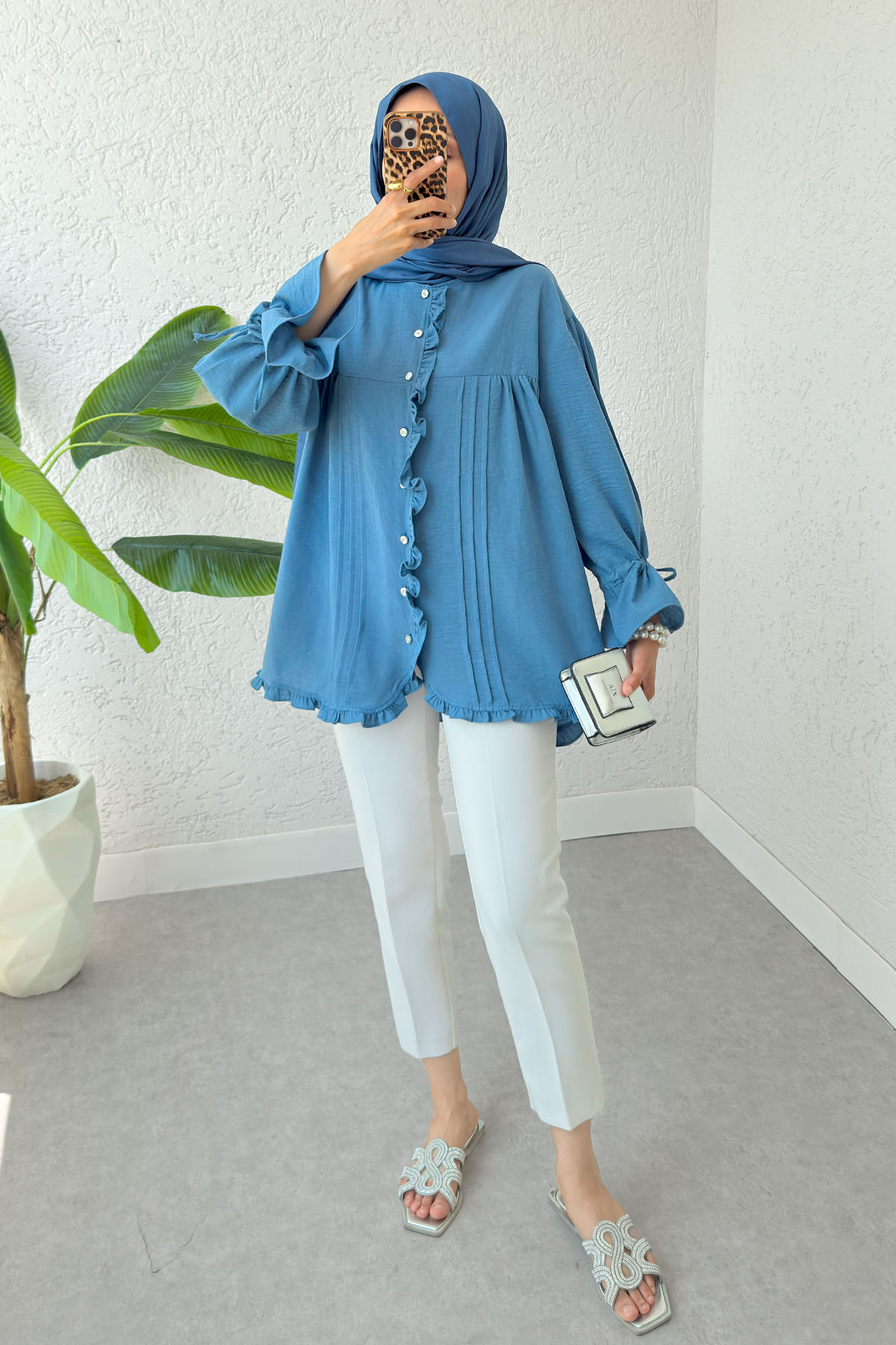 Nervürlü Fırfırlı Tunik 2322 - İNDİGO |  