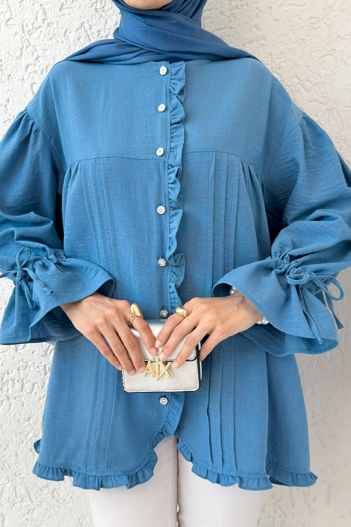 Nervürlü Fırfırlı Tunik 2322 - İNDİGO |  