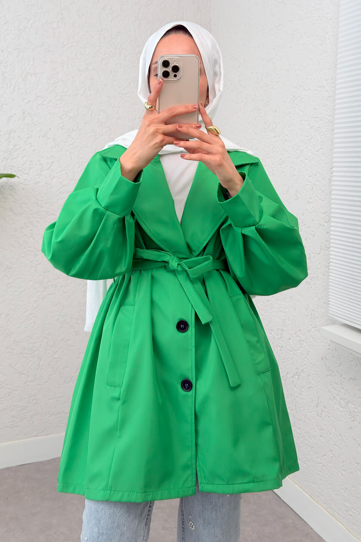 Balon Kol Kuşaklı Trençkot 61657 - YEŞİL |  